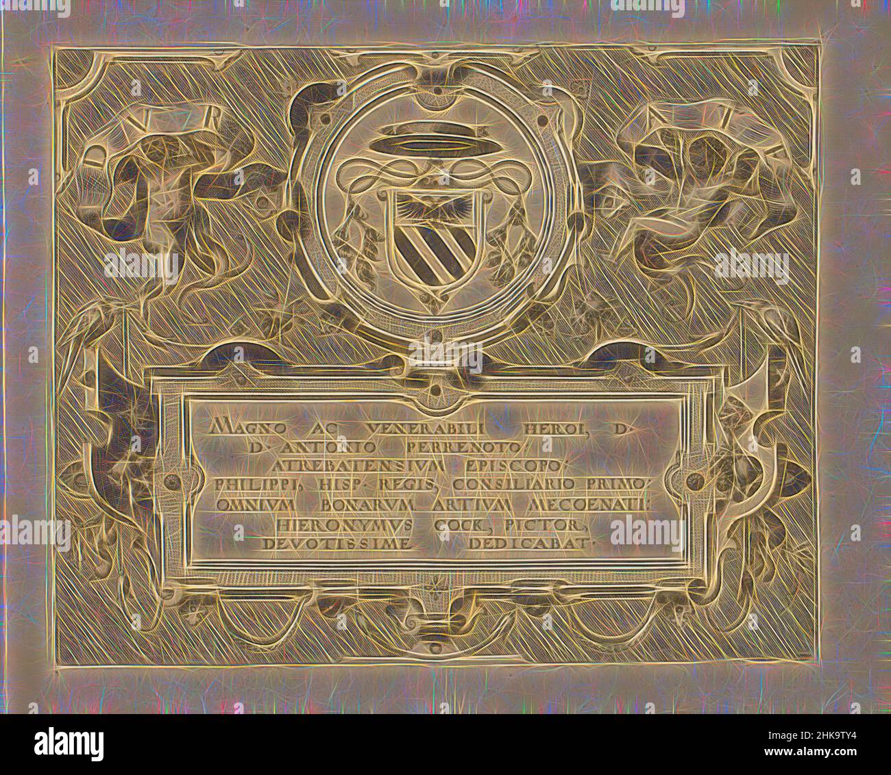 Ispirato da Double Cartouche con stemma e dedizione, Architectura de Oorden Tusschana, Scenographiae, Sive perspectivae, Double Cartouche con in cima lo stemma di Antoine Perrenot, Cardinal de Granvelle, affiancato da due putti con banderole (Dur/ate). Sotto quello in un cartouche con, reinventato da Artotop. L'arte classica reinventata con un tocco moderno. Design di calda e allegra luminosità e di raggi di luce. La fotografia si ispira al surrealismo e al futurismo, abbracciando l'energia dinamica della tecnologia moderna, del movimento, della velocità e rivoluzionando la cultura Foto Stock