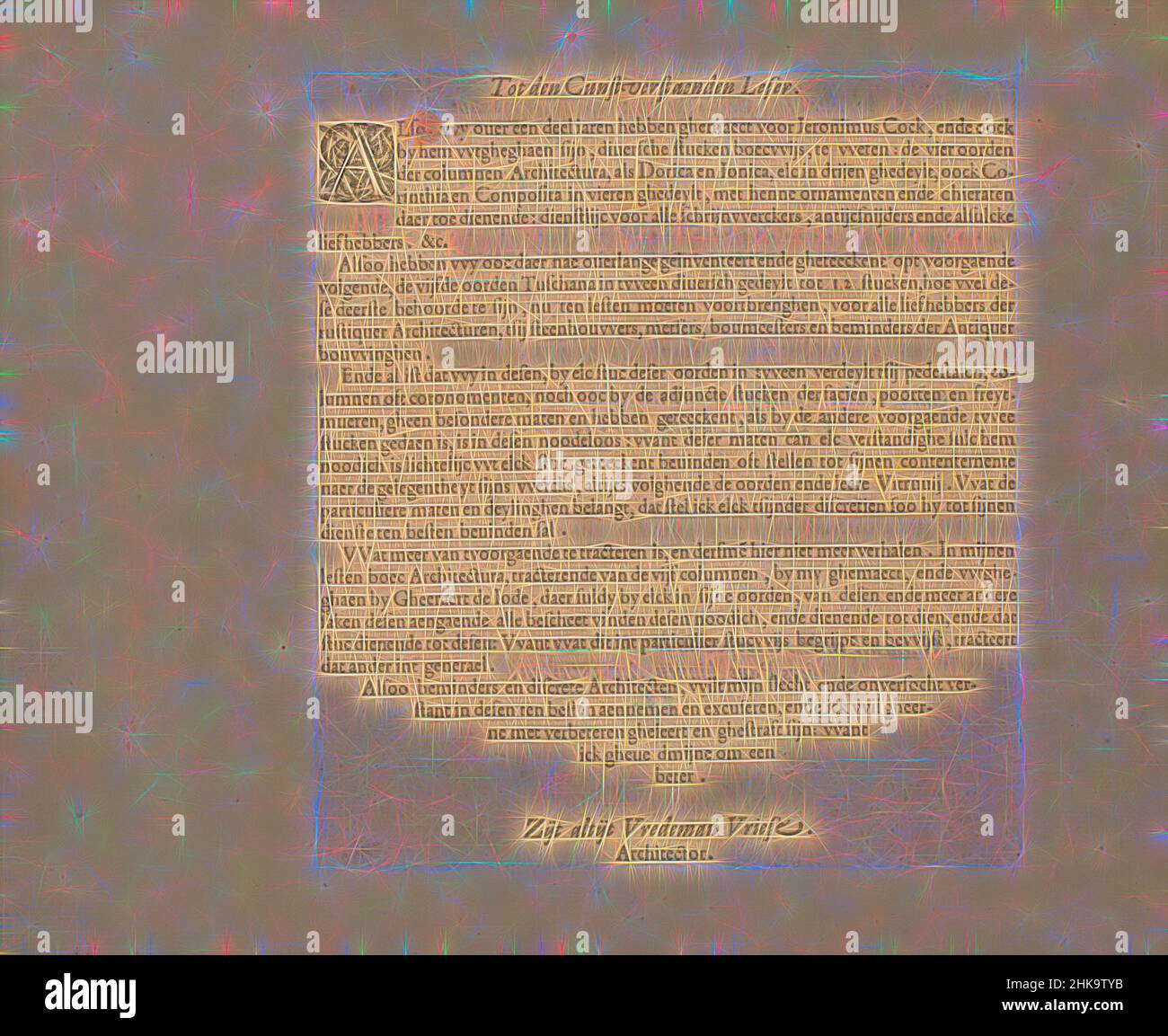 Ispirato da Introduzione: Tot den cunstverstaenden leser, Architectura de Oorden Tusschana, Introduzione alla serie: Architettura de Oorden Tusschana ... Il testo inizia con un iniziale A. il foglio fa parte di un album., Hans Vredrean de Vries, editore: Volcxken Diericx, Anversa, 1578, carta, Reinventato da Artotop. L'arte classica reinventata con un tocco moderno. Design di calda e allegra luminosità e di raggi di luce. La fotografia si ispira al surrealismo e al futurismo, abbracciando l'energia dinamica della tecnologia moderna, del movimento, della velocità e rivoluzionando la cultura Foto Stock