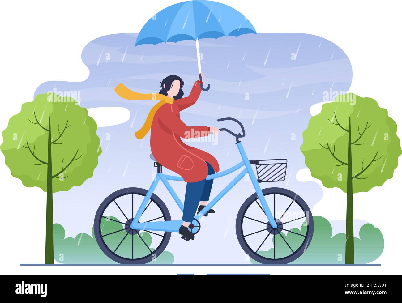 Persone che indossano impermeabile, stivali in gomma e ombrello in mezzo alla pioggia pioggia pioggia pioggia pioggia pioggia pioggia tempesta. Illustrazione di Cartoon Vector di Flat background per Banne Illustrazione Vettoriale