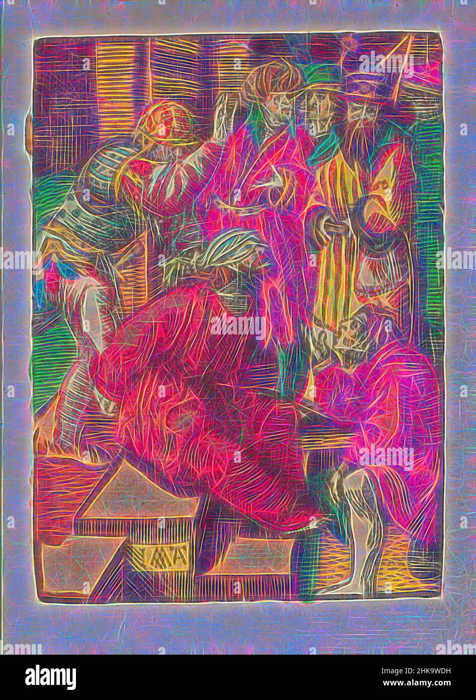 Ispirato dalla beffa, dalla piccola Passione, dalla stupida Passione, Cristo si siede accecato e con le mani legate a terra. Un uomo lo batte, un altro gli sputò in faccia. La stampa fa parte di un libro., tipografia: Jacob Cornelisz van Oostsanen, editore: Doen Pietersz., Amsterdam, 1520 - 1521 e/o c.. 1530, reinventato da Artotop. L'arte classica reinventata con un tocco moderno. Design di calda e allegra luminosità e di raggi di luce. La fotografia si ispira al surrealismo e al futurismo, abbracciando l'energia dinamica della tecnologia moderna, del movimento, della velocità e rivoluzionando la cultura Foto Stock