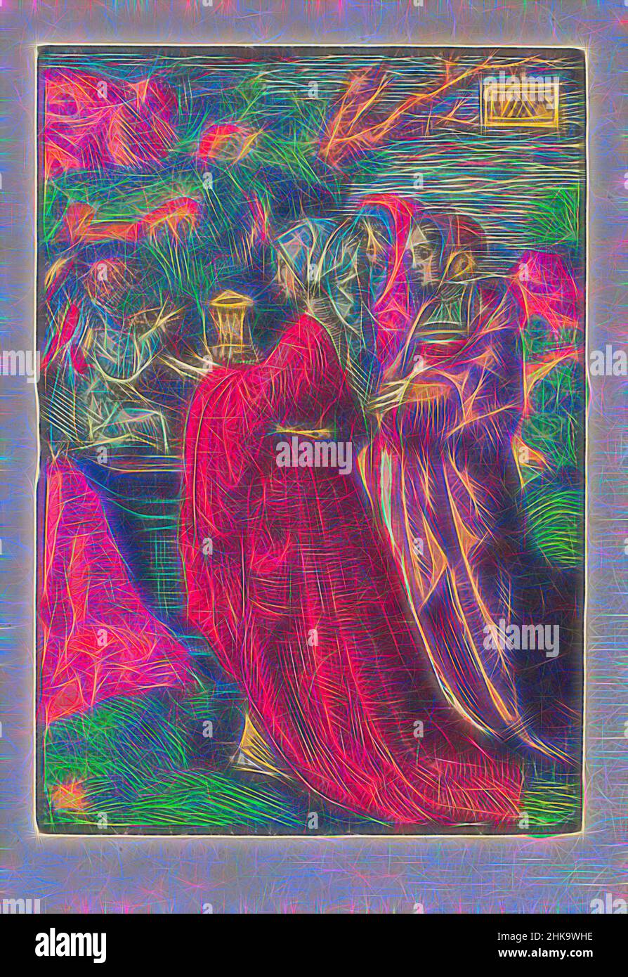 Ispirate dalle Sacre Donne alla Tomba, la Passione piccola, la Passione stupida, le tre Santa donne o Marys arrivano alla tomba di Cristo per tendere al suo corpo. La tomba è vuota e incontrano un angelo che dice loro che Cristo è risorto. La stampa fa parte di un libro., stampatore: Jacob Cornelisz van Oostsanen, reinventato da Artotop. L'arte classica reinventata con un tocco moderno. Design di calda e allegra luminosità e di raggi di luce. La fotografia si ispira al surrealismo e al futurismo, abbracciando l'energia dinamica della tecnologia moderna, del movimento, della velocità e rivoluzionando la cultura Foto Stock