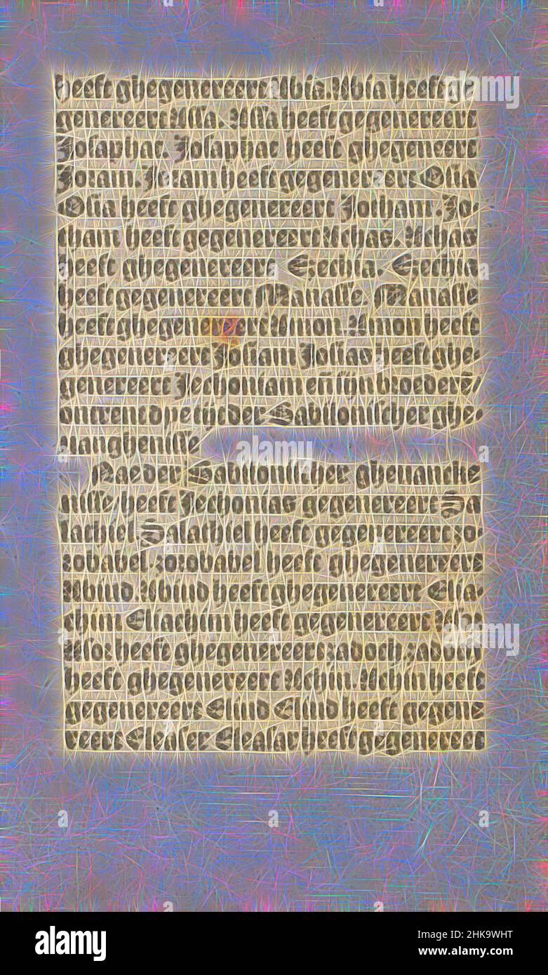Ispirato da testo del Vangelo di Matteo, stupido Passione, testo del capitolo 1 del Vangelo di Matteo sul recto e verso. Indirizzo dell'editore su verso. Il foglio di testo fa parte di un libro., editore: Doen Pietersz., Amsterdam, c.. 1530, carta, stampa tipografica, altezza 160 mm x larghezza 100 mm, Reimagined by Artotop. L'arte classica reinventata con un tocco moderno. Design di calda e allegra luminosità e di raggi di luce. La fotografia si ispira al surrealismo e al futurismo, abbracciando l'energia dinamica della tecnologia moderna, del movimento, della velocità e rivoluzionando la cultura Foto Stock