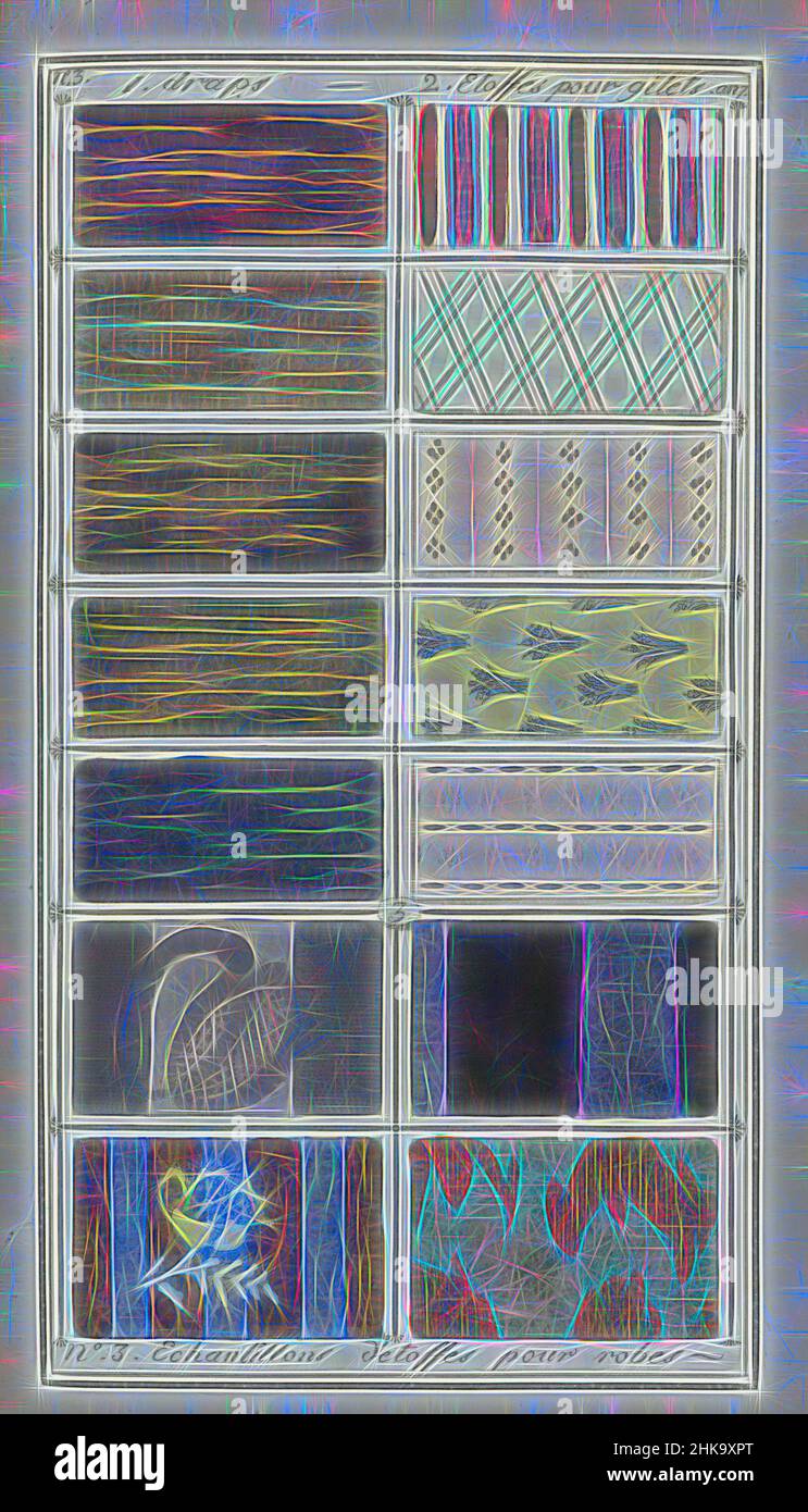 Ispirati da le Mois, Journal historique, littéraire et critique, avec figures, Tome 1, N. 3, AN. 7 (1798-1799): 1. Drappeggi..., quattordici diversi esempi (campioni) di tessuti: 1. Tessuti di stoffa 2. Tessuti per giubbotti. N. 3. Tessuti per camici. Stampa dalla rivista le Mois : Journal historique, reinventato da Artotop. L'arte classica reinventata con un tocco moderno. Design di calda e allegra luminosità e di raggi di luce. La fotografia si ispira al surrealismo e al futurismo, abbracciando l'energia dinamica della tecnologia moderna, del movimento, della velocità e rivoluzionando la cultura Foto Stock