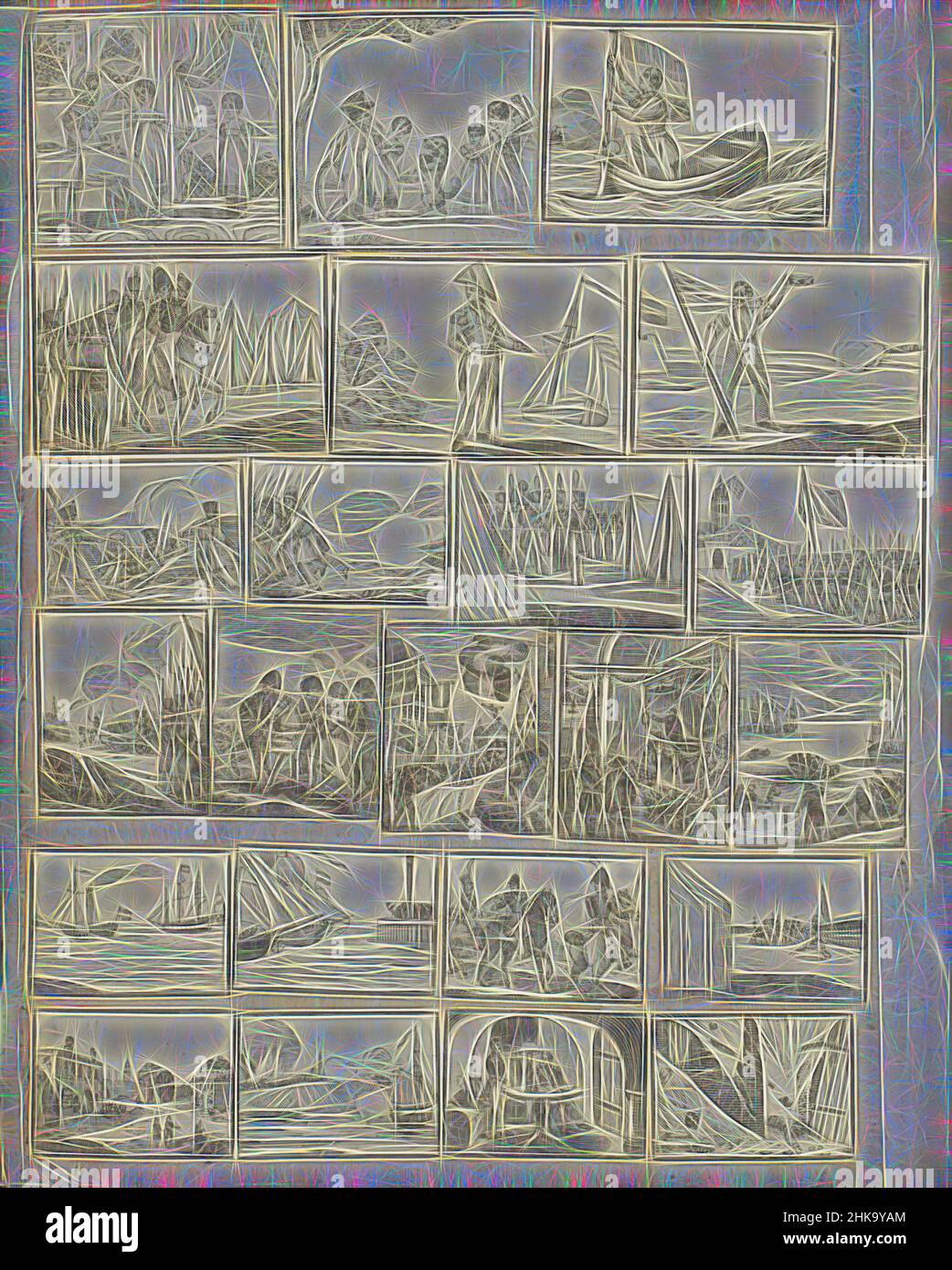 Ispirato dalla pagina dell'album con varie scene, la pagina dell'album con 23 scene tagliate principalmente da stampe popolari, tra cui i bambini che giocano e la Rivoluzione Belga, Ad esempio, Jacob Hobein ha tolto la bandiera olandese da una scossa e Hendrik van Leuven ha affondato i denti nella bandiera olandese, Reimagined by Artotop. L'arte classica reinventata con un tocco moderno. Design di calda e allegra luminosità e di raggi di luce. La fotografia si ispira al surrealismo e al futurismo, abbracciando l'energia dinamica della tecnologia moderna, del movimento, della velocità e rivoluzionando la cultura Foto Stock