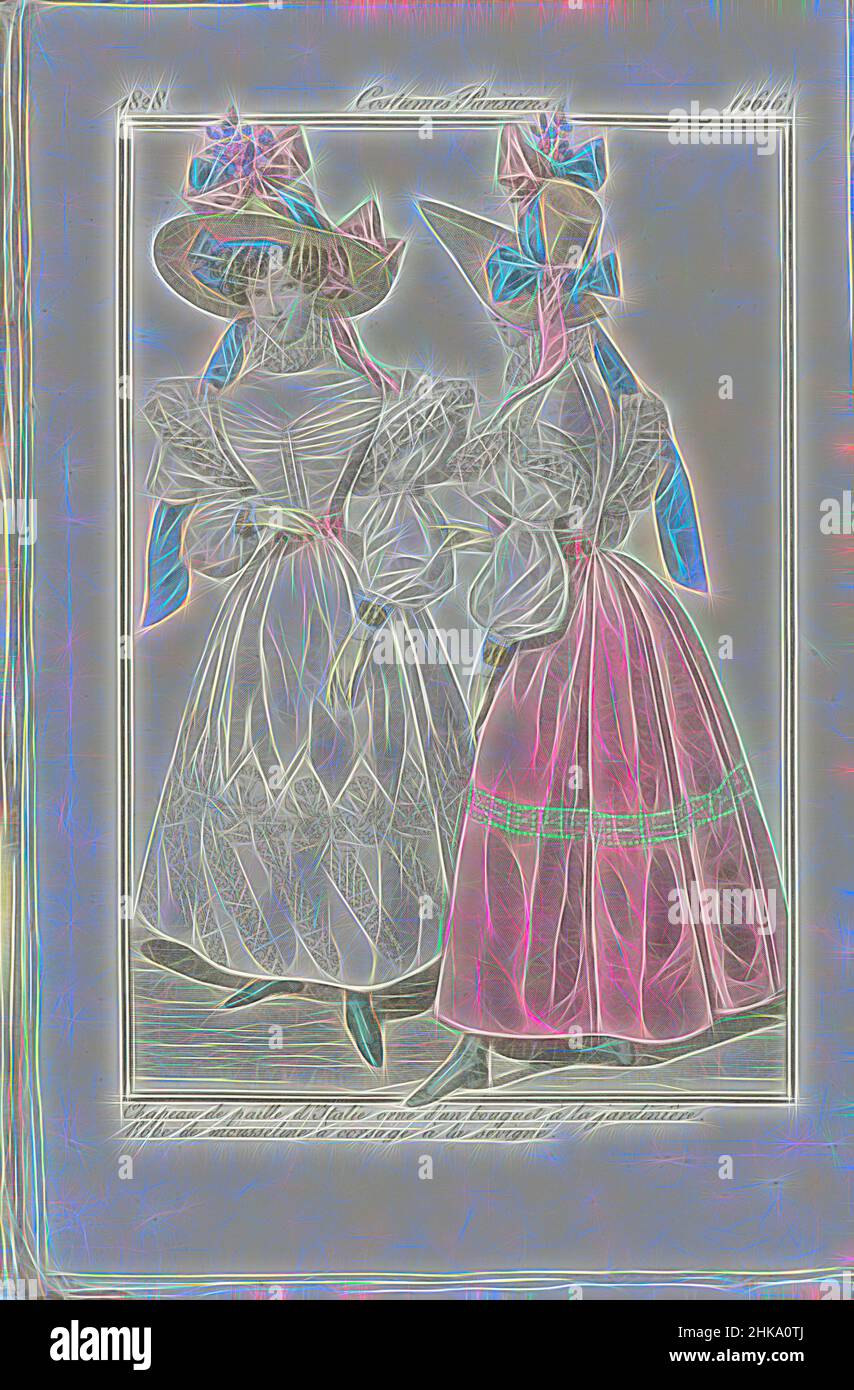 Ispirato a Journal des Dames et des Modes 1828, Costumi Parisiens (2616), tipografia:, 1828, carta, Incisione, reinventata da Artotop. L'arte classica reinventata con un tocco moderno. Design di calda e allegra luminosità e di raggi di luce. La fotografia si ispira al surrealismo e al futurismo, abbracciando l'energia dinamica della tecnologia moderna, del movimento, della velocità e rivoluzionando la cultura Foto Stock