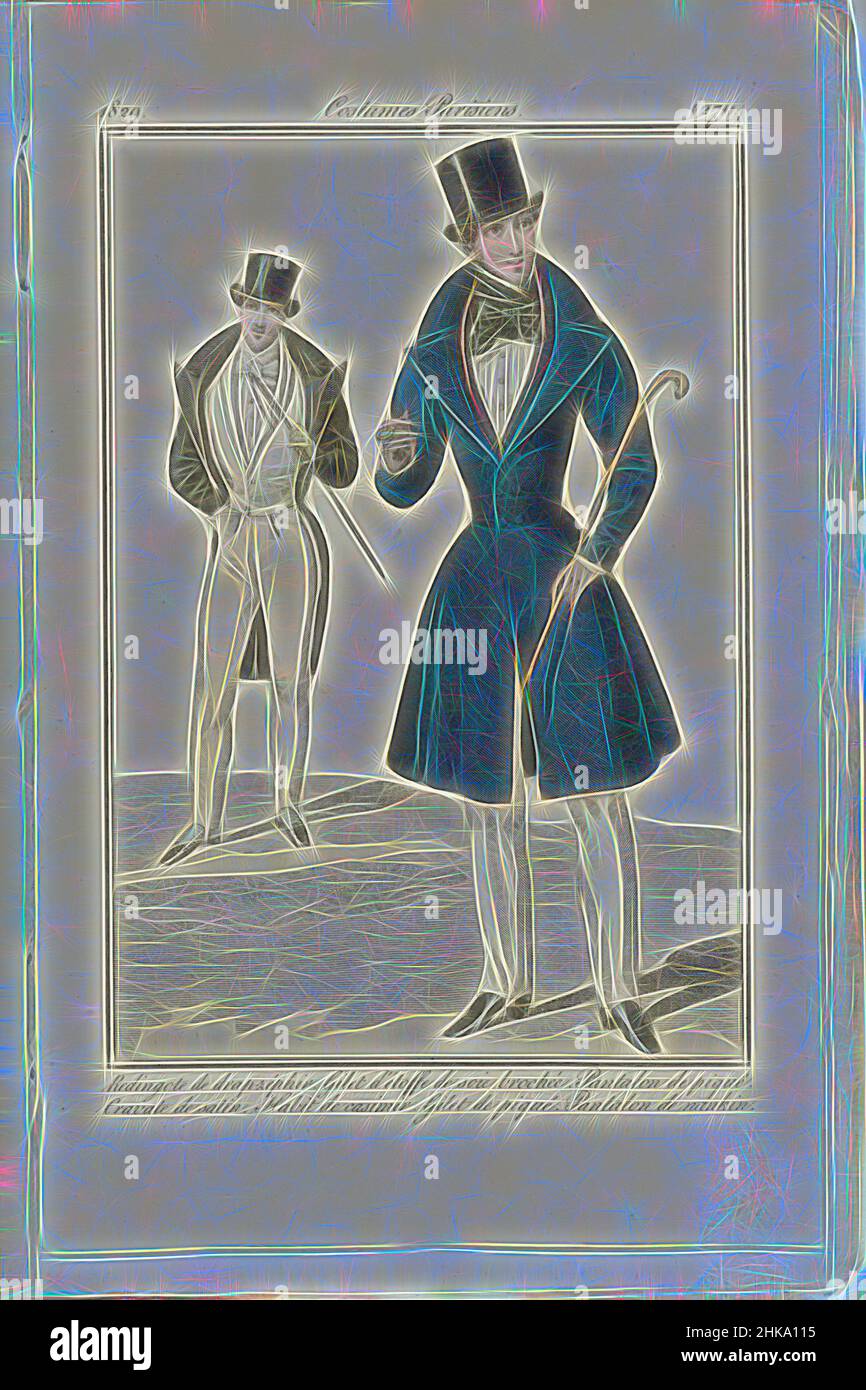 Ispirato a Journal des Dames et des Modes 1829, Costumi Parisiens (2711), tipografia:, 1829, carta, Incisione, reinventata da Artotop. L'arte classica reinventata con un tocco moderno. Design di calda e allegra luminosità e di raggi di luce. La fotografia si ispira al surrealismo e al futurismo, abbracciando l'energia dinamica della tecnologia moderna, del movimento, della velocità e rivoluzionando la cultura Foto Stock