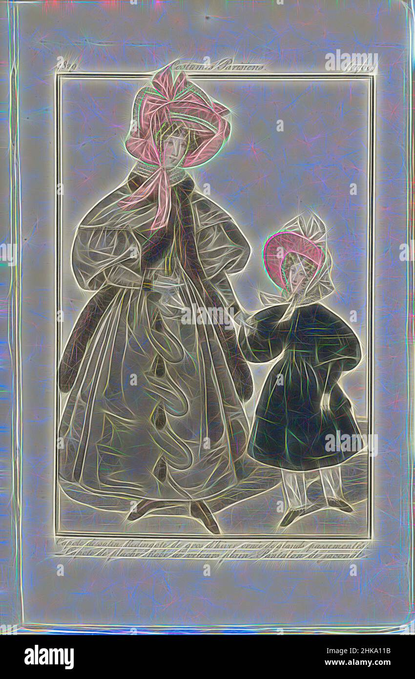 Ispirato a Journal des Dames et des Modes 1829, Costumi Parisiens (2750), tipografia:, 1829, carta, Incisione, reinventata da Artotop. L'arte classica reinventata con un tocco moderno. Design di calda e allegra luminosità e di raggi di luce. La fotografia si ispira al surrealismo e al futurismo, abbracciando l'energia dinamica della tecnologia moderna, del movimento, della velocità e rivoluzionando la cultura Foto Stock