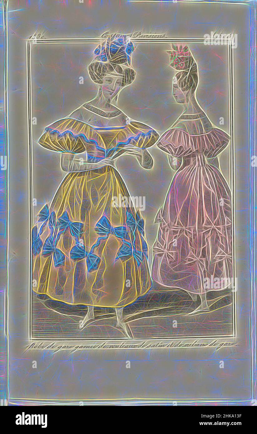 Ispirato a Journal des Dames et des Modes 1830, Costumi Parisiens (2826), tipografia:, 1830, carta, Incisione, reinventata da Artotop. L'arte classica reinventata con un tocco moderno. Design di calda e allegra luminosità e di raggi di luce. La fotografia si ispira al surrealismo e al futurismo, abbracciando l'energia dinamica della tecnologia moderna, del movimento, della velocità e rivoluzionando la cultura Foto Stock