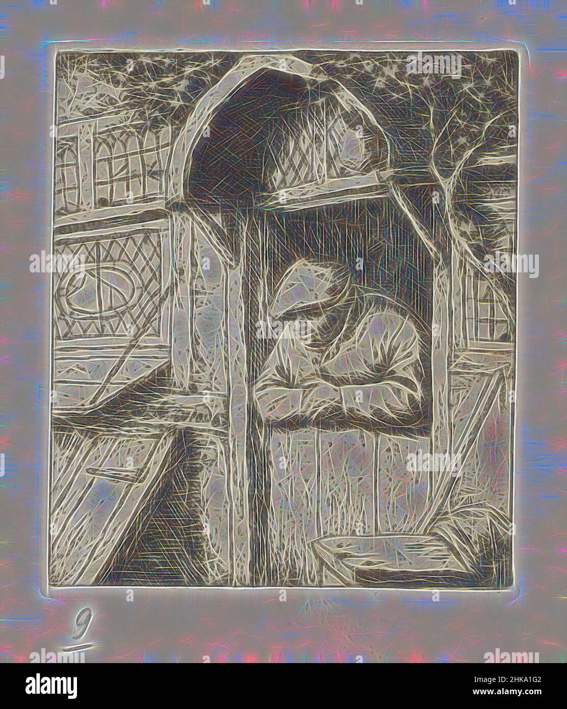 Ispirata a Farmer appoggiata sulla porta inferiore, la stampa fa parte di un portafoglio ed è stampata con un'altra stampa su una pagina di album., tipografo: Adriaen van Ostade, disegnatore intermediario: Adriaen van Ostade, Haarlem, 1651 - 1655 e/o 1941, carta, incisione, altezza 106 mm x larghezza 92 mm, reinventata da Artotop. L'arte classica reinventata con un tocco moderno. Design di calda e allegra luminosità e di raggi di luce. La fotografia si ispira al surrealismo e al futurismo, abbracciando l'energia dinamica della tecnologia moderna, del movimento, della velocità e rivoluzionando la cultura Foto Stock