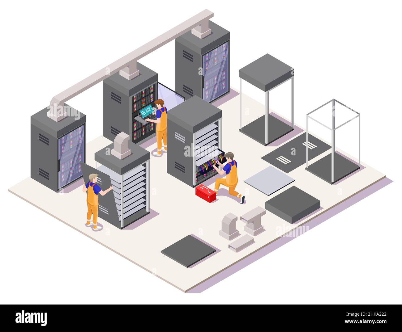 Ingegneri che installano server nel data center, illustrazione isometrica vettoriale. Hardware di installazione e configurazione. Illustrazione Vettoriale