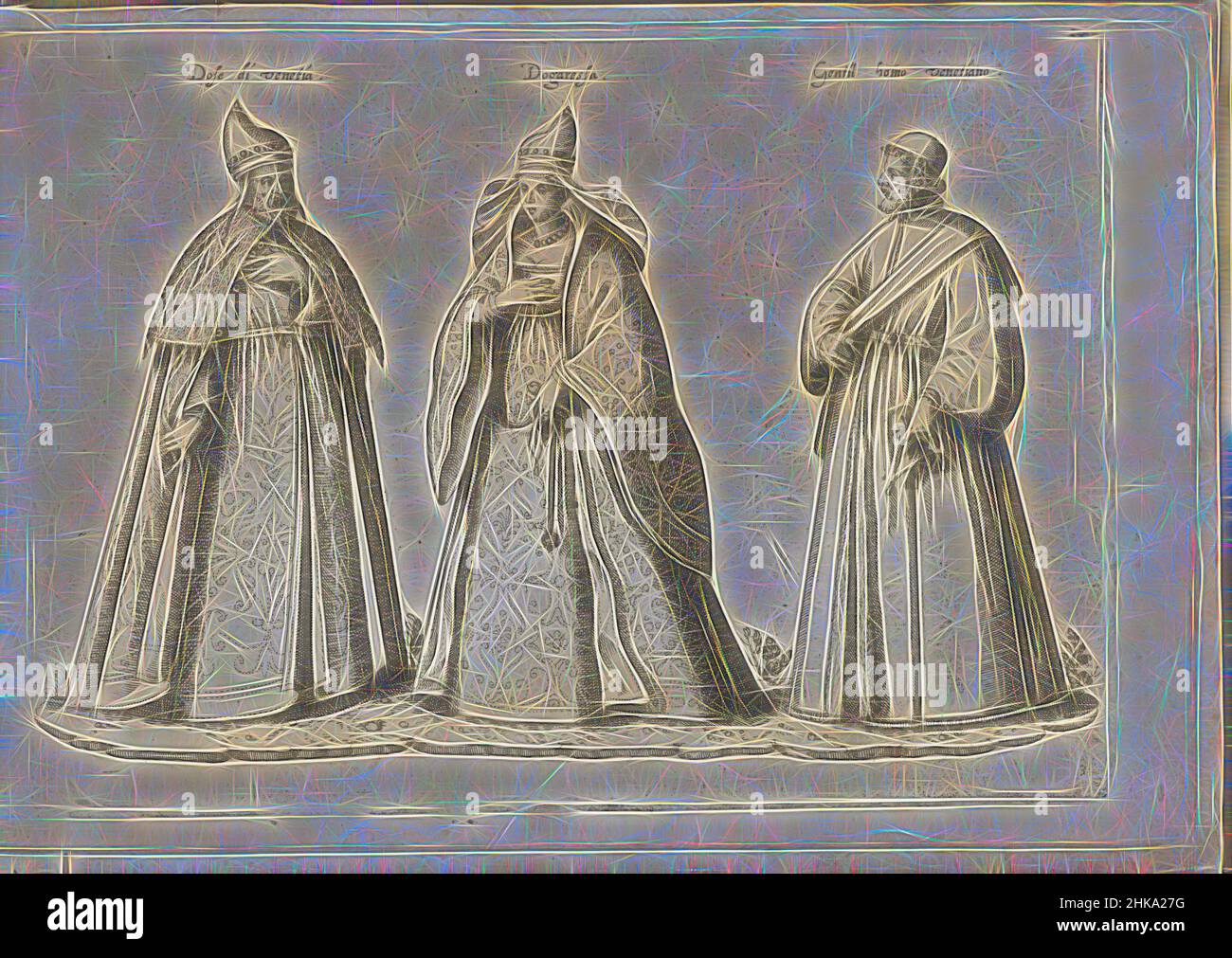 Ispirato da Un doge e da un uomo e una donna, vestito secondo la moda veneziana ca. 1580, Doge di veneto, Dogaressa, Gentil homo venetiano, Stampa n. 3 dall'album 'Dei veri ritratti dl'habiti di tvtte le parti del mondo intagliati in rame per opra di Bartolomeo grassi', 1585., editore: Bartolomeo, Reimagined by Artotop. L'arte classica reinventata con un tocco moderno. Design di calda e allegra luminosità e di raggi di luce. La fotografia si ispira al surrealismo e al futurismo, abbracciando l'energia dinamica della tecnologia moderna, del movimento, della velocità e rivoluzionando la cultura Foto Stock
