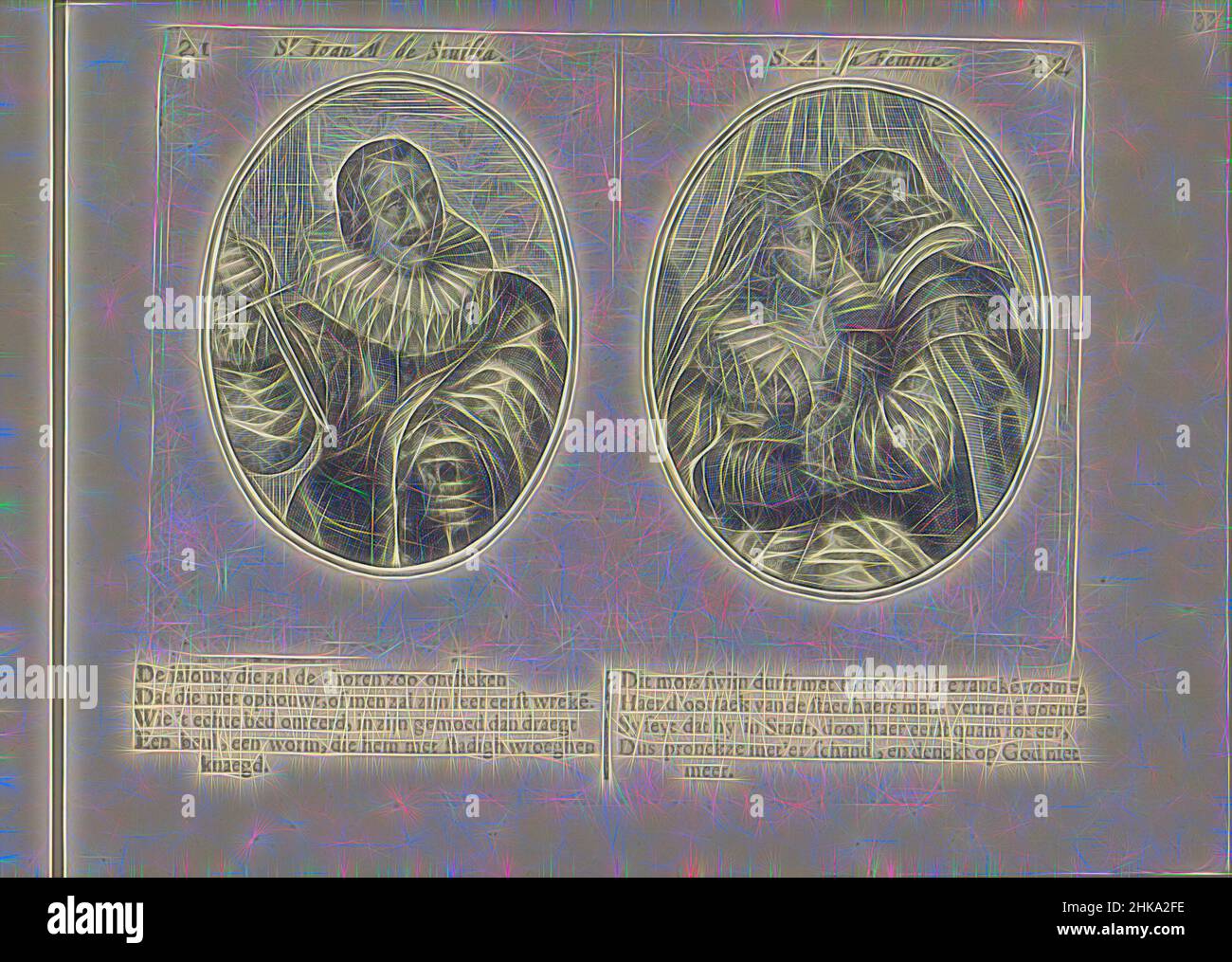 Ispirato da Merchant di Siviglia e sua moglie, Sr. Joan M de Sivilia, S.A. sa femme, Les abus du mariage, due rappresentazioni su una foglia di album. A sinistra, un ritratto immaginario di un mercante di Siviglia. Tira un pugnale dal suo scabbardo. A destra, sua moglie con un altro uomo. Al di sotto di questo, due, reinventato da Artotop. L'arte classica reinventata con un tocco moderno. Design di calda e allegra luminosità e di raggi di luce. La fotografia si ispira al surrealismo e al futurismo, abbracciando l'energia dinamica della tecnologia moderna, del movimento, della velocità e rivoluzionando la cultura Foto Stock