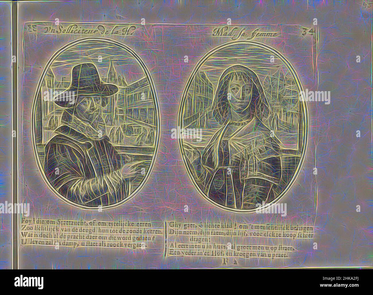 Ispirato da Solliciteur dell'Aia e sua moglie, un solliciteur de la H., Mad. sa femme, Les abus du mariage, due rappresentazioni su una foglia di album. A sinistra, il ritratto fittizio di un solliciteur dell'Aia, avvocato di piccole cause. Dietro di lui una vista del Binnenhof. A destra, reinventato da Artotop. L'arte classica reinventata con un tocco moderno. Design di calda e allegra luminosità e di raggi di luce. La fotografia si ispira al surrealismo e al futurismo, abbracciando l'energia dinamica della tecnologia moderna, del movimento, della velocità e rivoluzionando la cultura Foto Stock