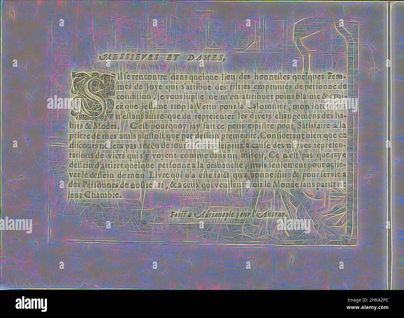Ispirato alla prefazione francese, Messieurs et Dames, Miroir des Plus belles courtisanes de ce temps, prefazione francese con la formula: Messieurs et Dames. Il testo inizia con una S iniziale decorata ed è firmato con: Faict a Adrianople pour l'Auteur. La foglia fa parte di un album., Crispijn van de Passe, Reimagined by Artotop. L'arte classica reinventata con un tocco moderno. Design di calda e allegra luminosità e di raggi di luce. La fotografia si ispira al surrealismo e al futurismo, abbracciando l'energia dinamica della tecnologia moderna, del movimento, della velocità e rivoluzionando la cultura Foto Stock