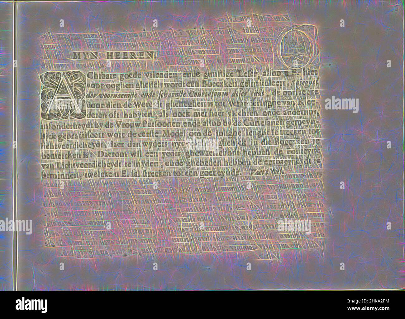 Ispirato dalla prefazione olandese, myn Heeren, Miroir des Plus belles courtisanes de ce temps, prefazione olandese con la formula: Myn Heeren. Il testo inizia con un iniziale decorato A. il foglio fa parte di un album., Crispijn van de Passe (II), editore: Crispijn van de Passe (i), Utrecht, 1635, paper, Reimagined by Artotop. L'arte classica reinventata con un tocco moderno. Design di calda e allegra luminosità e di raggi di luce. La fotografia si ispira al surrealismo e al futurismo, abbracciando l'energia dinamica della tecnologia moderna, del movimento, della velocità e rivoluzionando la cultura Foto Stock