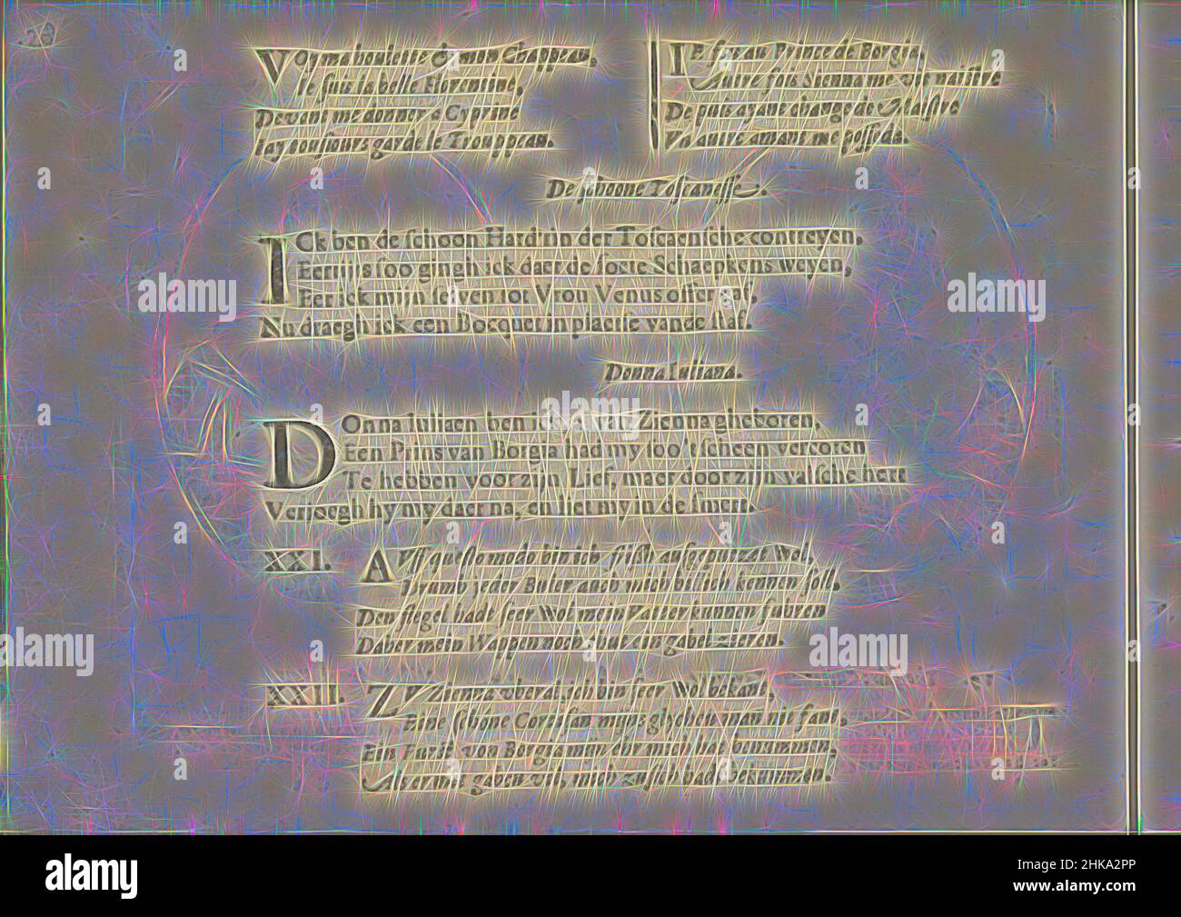 Ispirati dai quatraini ai ritratti dei cortigiani chiamati il bellissimo toscano e Donna Juliana, Miroir des Plus belles courtisanes de ce temps, tre volte due quatrains in francese, olandese e tedesco ai ritratti dei cortigiani chiamati il bellissimo toscano e Donna Juliana da Siena, Reinventato da Artotop. L'arte classica reinventata con un tocco moderno. Design di calda e allegra luminosità e di raggi di luce. La fotografia si ispira al surrealismo e al futurismo, abbracciando l'energia dinamica della tecnologia moderna, del movimento, della velocità e rivoluzionando la cultura Foto Stock