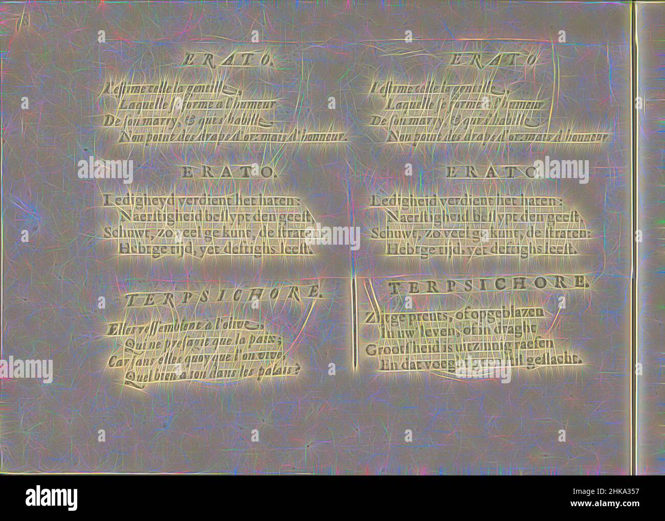 Ispirato dai quatrains alle rappresentazioni delle muse Erato e Terpsichore, Les vrais pourtraits de quelques unes des Plus grandes dames de la chrestiente desguisees en bergeres., due volte due quatrains in francese e olandese alle performance delle muse Erato e Terpsichore. Il testo per, reimmaginato da Artotop. L'arte classica reinventata con un tocco moderno. Design di calda e allegra luminosità e di raggi di luce. La fotografia si ispira al surrealismo e al futurismo, abbracciando l'energia dinamica della tecnologia moderna, del movimento, della velocità e rivoluzionando la cultura Foto Stock