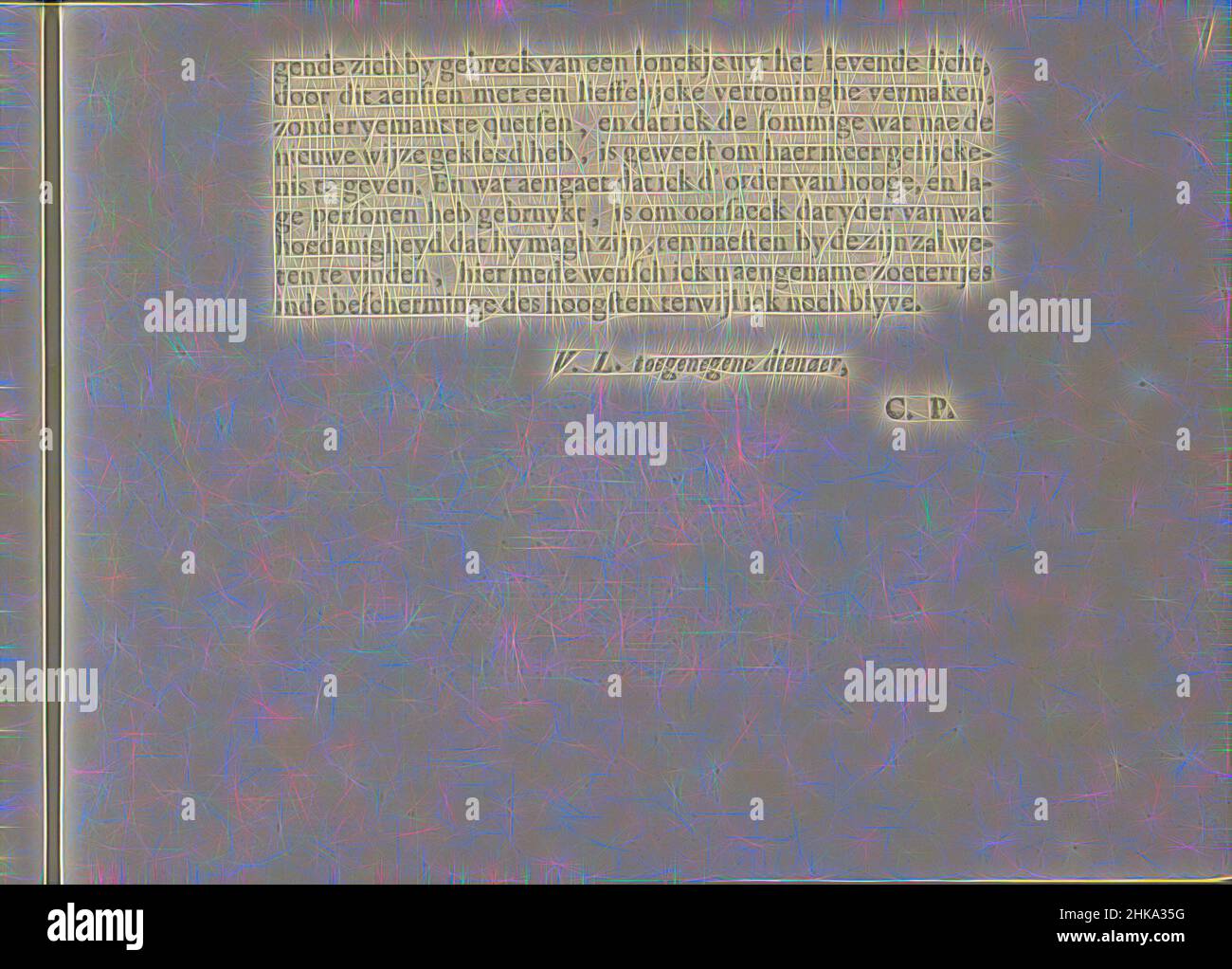 Ispirato dalla prefazione in lingua olandese, pagina 2, AEN d'Amstelse jongk-vrouwen, Les vrais pourtraits de quelques unes des Plus grandes dames de la chrestiente desguisees en bergeres., prefazione in lingua olandese su due pagine: Pagina 2. Il testo è firmato con: U.L. toegene dienaer, C.P. Il foglio fa parte di un, reimmaginato da Artotop. L'arte classica reinventata con un tocco moderno. Design di calda e allegra luminosità e di raggi di luce. La fotografia si ispira al surrealismo e al futurismo, abbracciando l'energia dinamica della tecnologia moderna, del movimento, della velocità e rivoluzionando la cultura Foto Stock