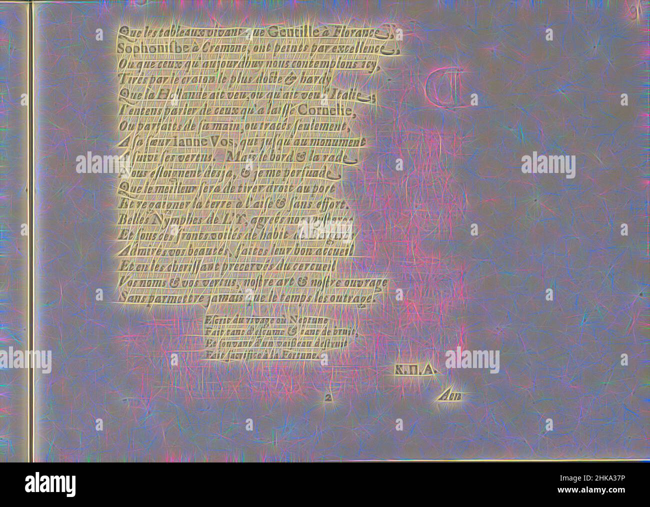 Ispirato dal poema francofona sui Ninfi dell'Amstel, pagina 7, Aux Nymphes de l'Amstel, Les vrais pourtraits de quelques unes des Plus grandes dames de la chrestiente desguisees en bergeres., poema in lingua francese sui Ninfi dell'Amstel su sette pagine. Questa è l'ultima pagina con le iniziali K, Reimagined by Artotop. L'arte classica reinventata con un tocco moderno. Design di calda e allegra luminosità e di raggi di luce. La fotografia si ispira al surrealismo e al futurismo, abbracciando l'energia dinamica della tecnologia moderna, del movimento, della velocità e rivoluzionando la cultura Foto Stock
