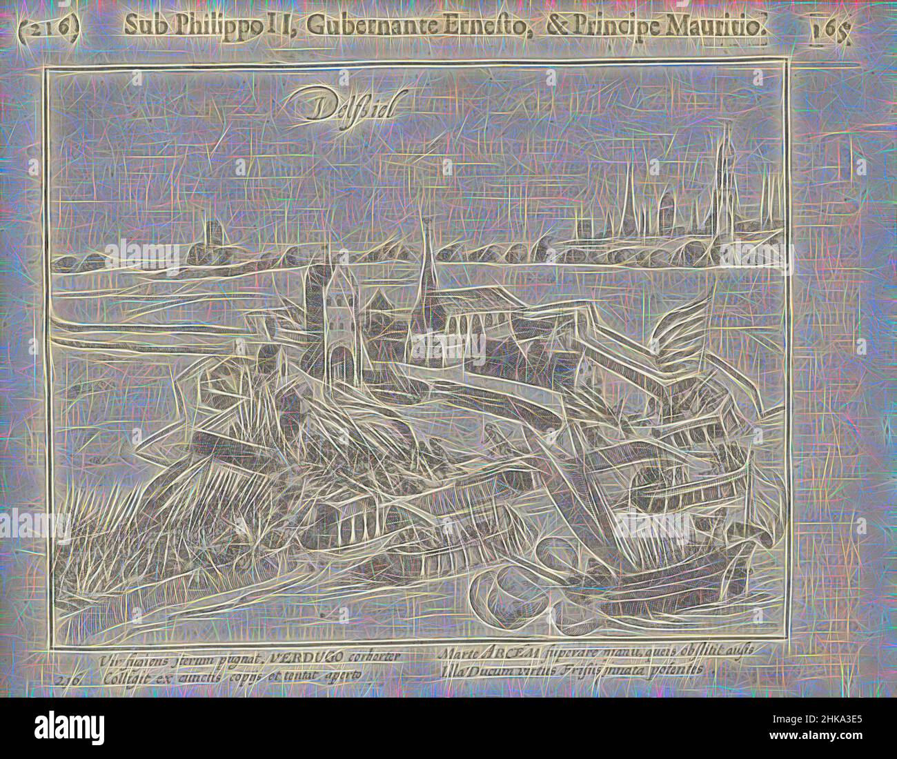 Ispirato dall'attacco di Verdugo su Delfzijl, 1594, l'attacco fallito da parte delle truppe spagnole sotto Verdugo su Delfzijl, nella notte tra il 12 e il 13 febbraio 1594. Con didascalia di 4 righe in latino. Numerato 216. Stampato sul retro con testo in latino., stampatore: Simon Frisius, editore: Michiel Colijn, reimmaginato da Artotop. L'arte classica reinventata con un tocco moderno. Design di calda e allegra luminosità e di raggi di luce. La fotografia si ispira al surrealismo e al futurismo, abbracciando l'energia dinamica della tecnologia moderna, del movimento, della velocità e rivoluzionando la cultura Foto Stock