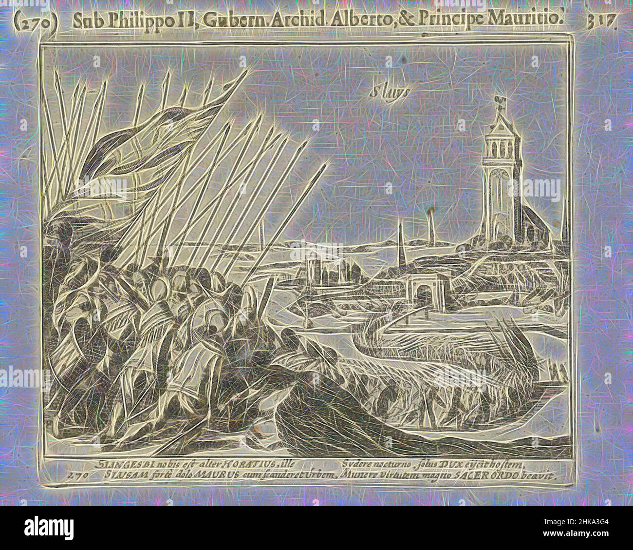 Ispirati dagli spagnoli sorpresa Sluis, ma sono cacciati di nuovo, 1606, gli spagnoli sorpresa Sluis, ma sono cacciati fuori di nuovo, 12 giugno 1606. L'esercito spagnolo avanza in una lunga processione verso la città. Con una didascalia di 4 righe in latino. Numerato: 270. Stampato sul retro con testo in latino., stampatore, reinventato da Artotop. L'arte classica reinventata con un tocco moderno. Design di calda e allegra luminosità e di raggi di luce. La fotografia si ispira al surrealismo e al futurismo, abbracciando l'energia dinamica della tecnologia moderna, del movimento, della velocità e rivoluzionando la cultura Foto Stock