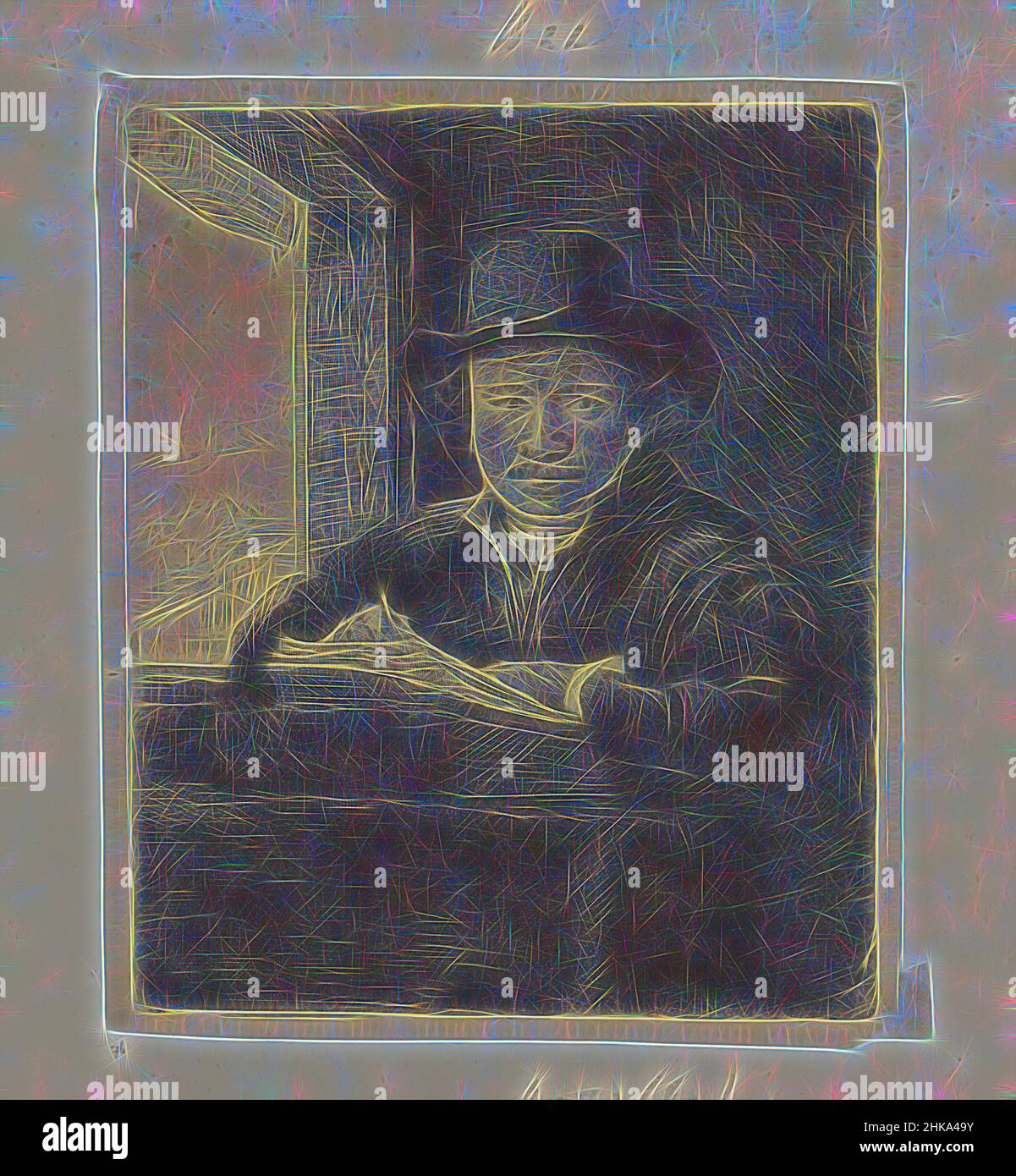 Ispirata all'autoritratto, disegnando in una finestra, Recueil de quatre-vingt-cinq estampes originales, la stampa fa parte di un album., tipografo: Rembrandt van Rijn, editore: Henry Louis Basan, Parigi, 1648 e/o 1807 - 1808, carta, incisione, punto secco, altezza 160 mm x larghezza 130 mm, Reimagined by Artotop. L'arte classica reinventata con un tocco moderno. Design di calda e allegra luminosità e di raggi di luce. La fotografia si ispira al surrealismo e al futurismo, abbracciando l'energia dinamica della tecnologia moderna, del movimento, della velocità e rivoluzionando la cultura Foto Stock