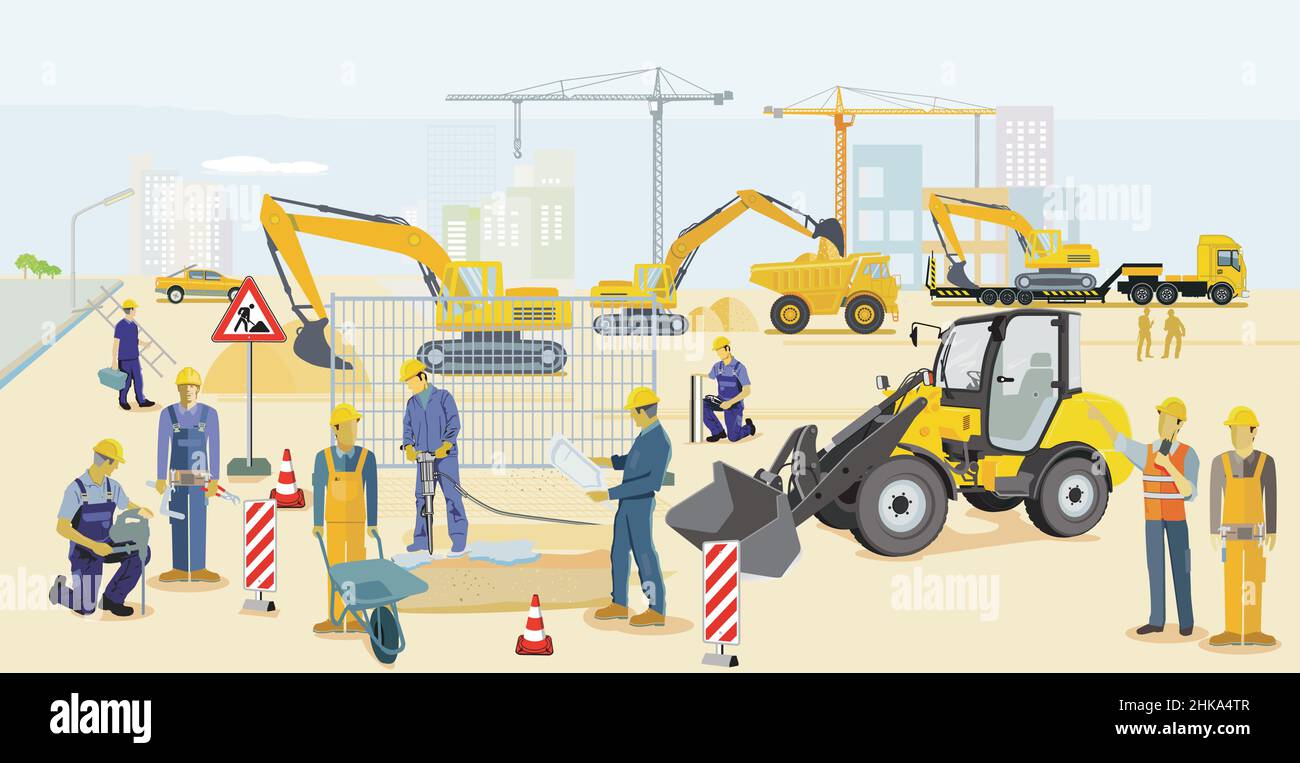 Cantiere con escavatore, architetto e autocarro pesante Illustrazione Vettoriale