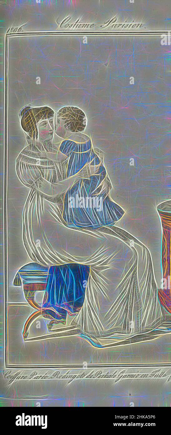 Ispirato da Journal des Dames et des Modes, Francoforte edizione 8 décembre 1806, Costume Parisien (50): Coeffure Parée. Redingote de perkale..., Donna seduta su un tabouret, con bambino a grembo, secondo la didascalia vestita in una redingote di cotone percale. Il testo di accompagnamento (pag. 288) stati, reinventati da Artotop. L'arte classica reinventata con un tocco moderno. Design di calda e allegra luminosità e di raggi di luce. La fotografia si ispira al surrealismo e al futurismo, abbracciando l'energia dinamica della tecnologia moderna, del movimento, della velocità e rivoluzionando la cultura Foto Stock
