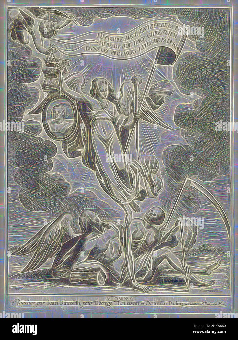 Ispirato da Faam conquista il tempo e la morte, Histoire de l'entree de la reine Mere du Roy tres chrestien, dans les Province Unies des Pais Bas, la personificazione di Faam tenendo in mano sinistra un alloro e una bandiera intitolata: Histoire de l'entree ... Con la mano destra, Faam tiene in mano il ritratto di, Reimagined by Artotop. L'arte classica reinventata con un tocco moderno. Design di calda e allegra luminosità e di raggi di luce. La fotografia si ispira al surrealismo e al futurismo, abbracciando l'energia dinamica della tecnologia moderna, del movimento, della velocità e rivoluzionando la cultura Foto Stock