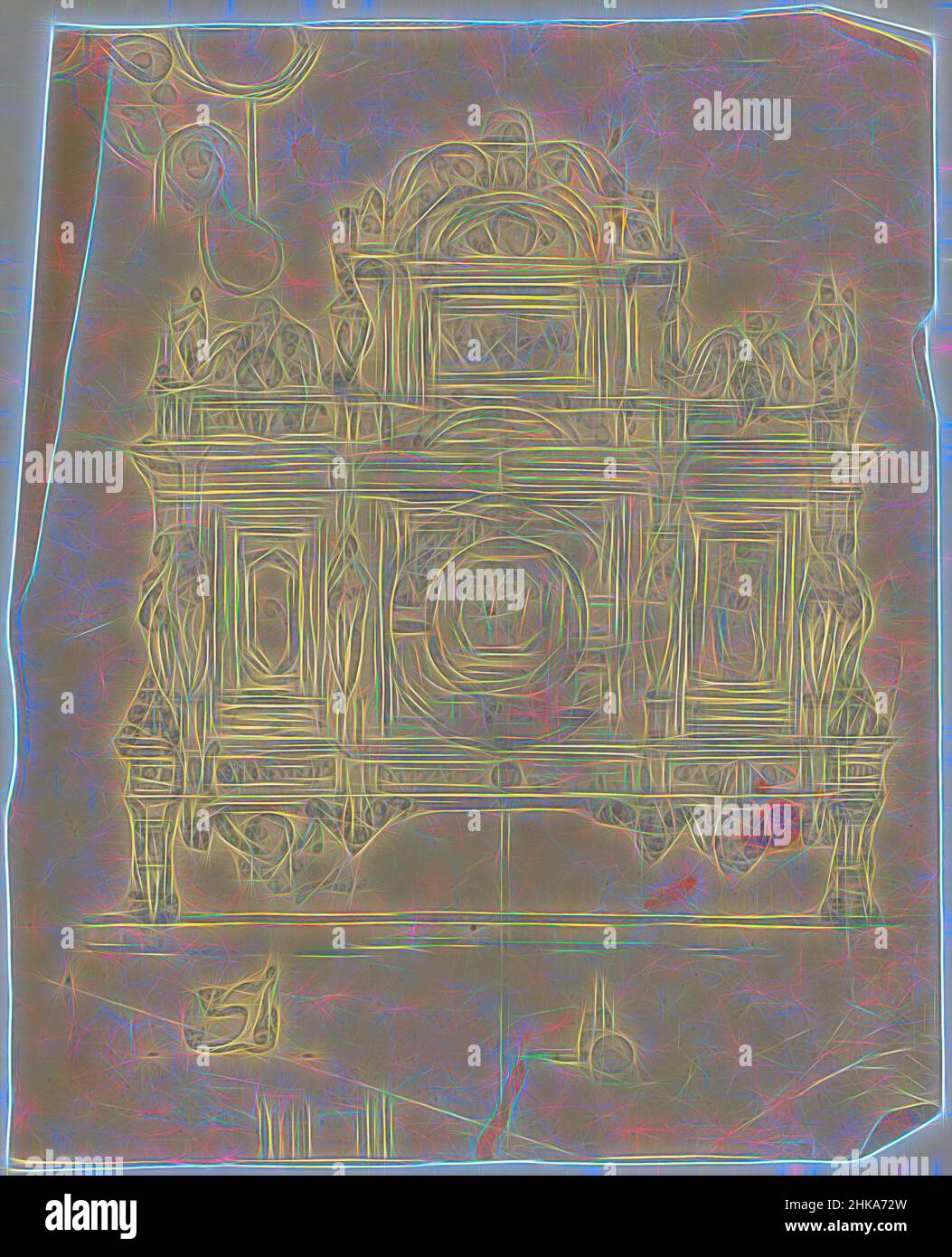 Ispirato da Fire screen, disegnatore: Firma Feuchère, Parigi, c.. 1830 - c. 1850, carta da ricalco, grafite (minerale), penna, altezza 244 mm x larghezza 375 mm, reinventata da Artotop. L'arte classica reinventata con un tocco moderno. Design di calda e allegra luminosità e di raggi di luce. La fotografia si ispira al surrealismo e al futurismo, abbracciando l'energia dinamica della tecnologia moderna, del movimento, della velocità e rivoluzionando la cultura Foto Stock