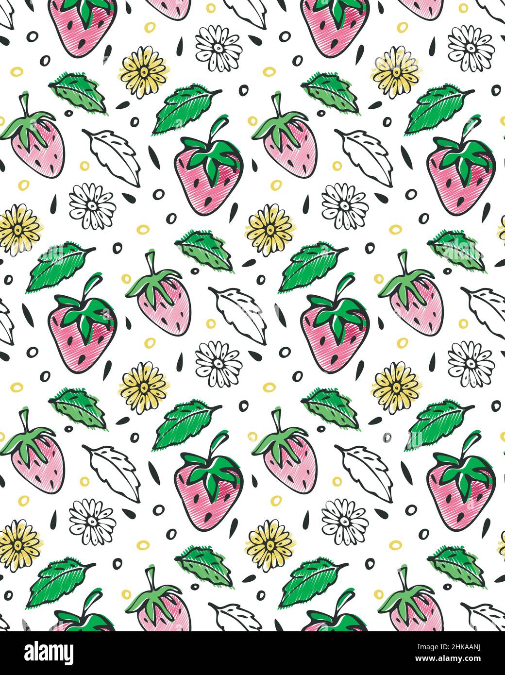 Motivo senza cuciture floreale alla fragola. Ricamo illustrazione cartoon in stile cucito a mano, contorno nero del doodle, tavolozza di colore verde rosa Illustrazione Vettoriale