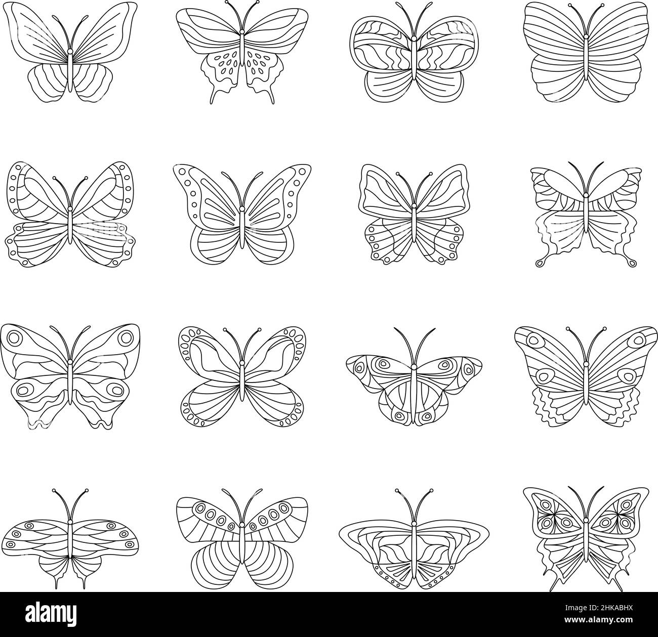 Set di farfalle bianche e nere su sfondo bianco, illustrazione vettoriale Illustrazione Vettoriale