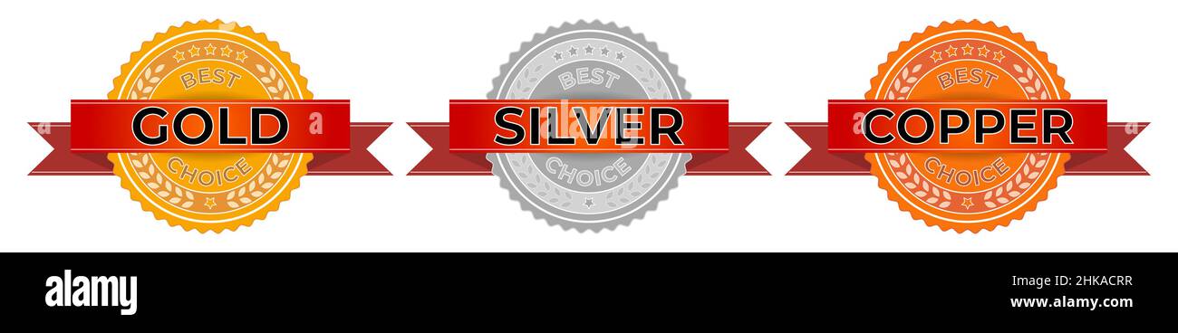 Futures mercato metalli francobolli – Oro, Argento, rame nei colori giallo, rosso, grigio. Concetto di finanza globale. Illustrazione Vettoriale