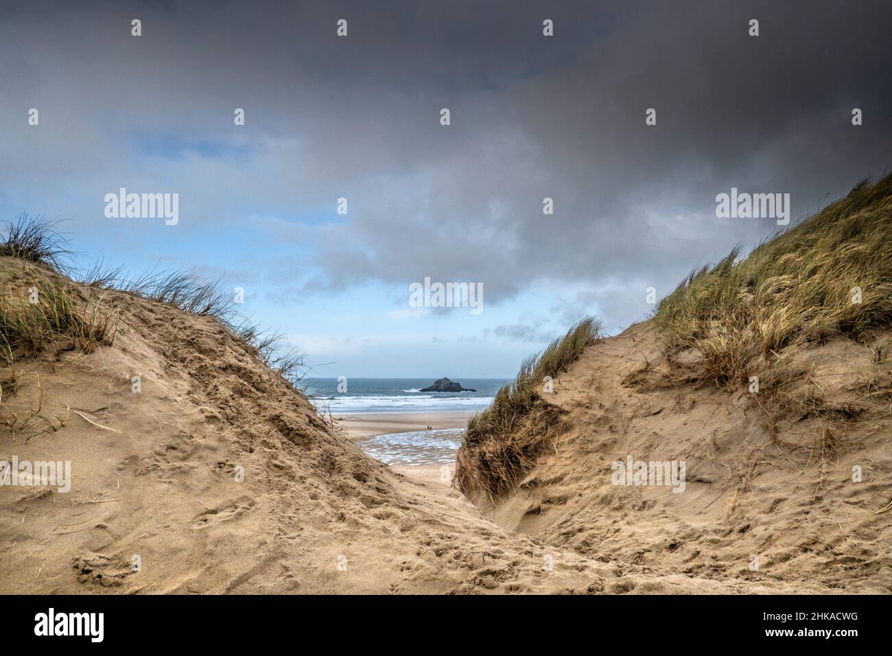 Gravi danni causati dall'attività umana al fragile sistema di dune di sabbia a Crantock Beach a Newquay in Cornovaglia. Foto Stock