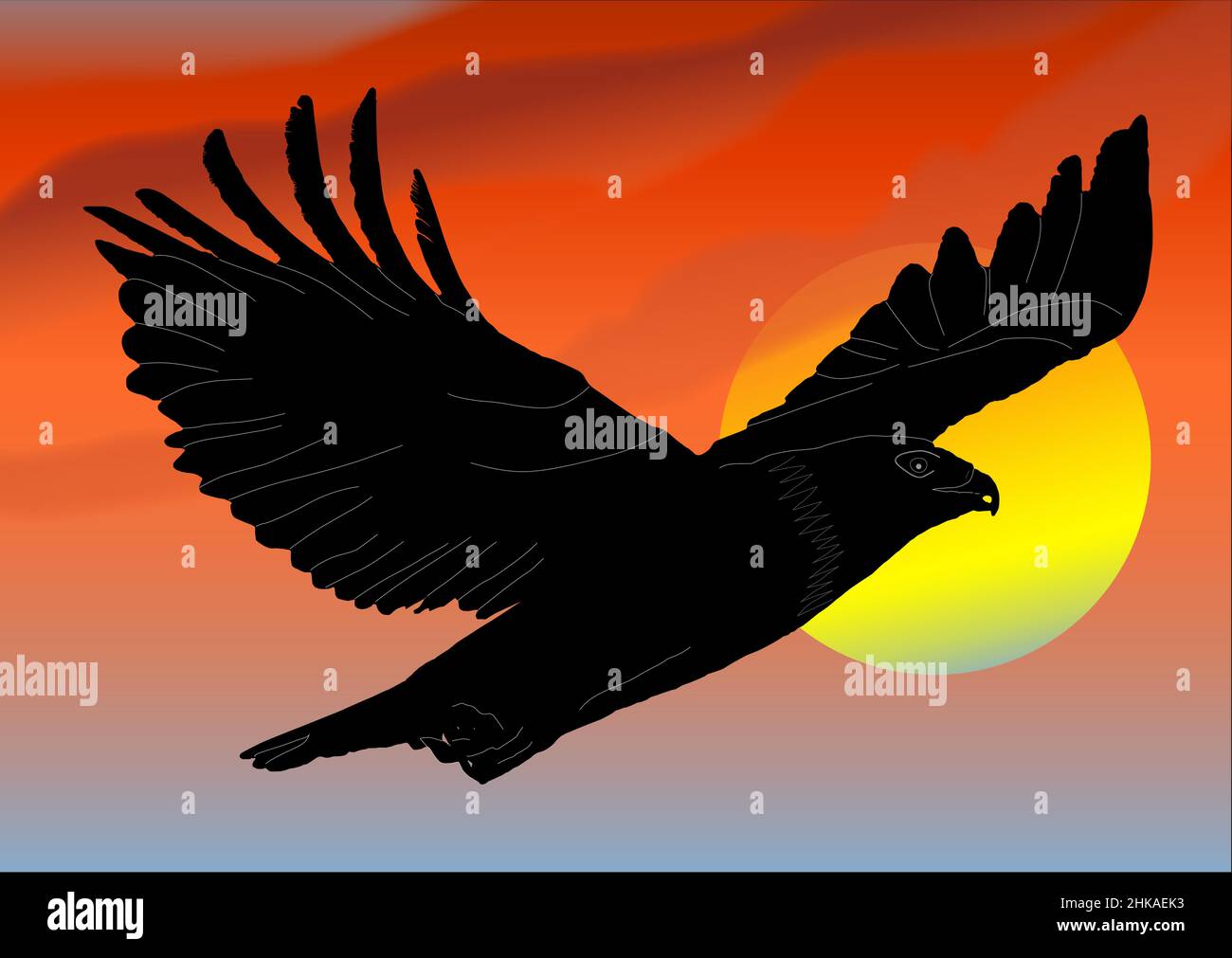 L'aquila vola contro il cielo arancione e tramonta il sole Illustrazione Vettoriale