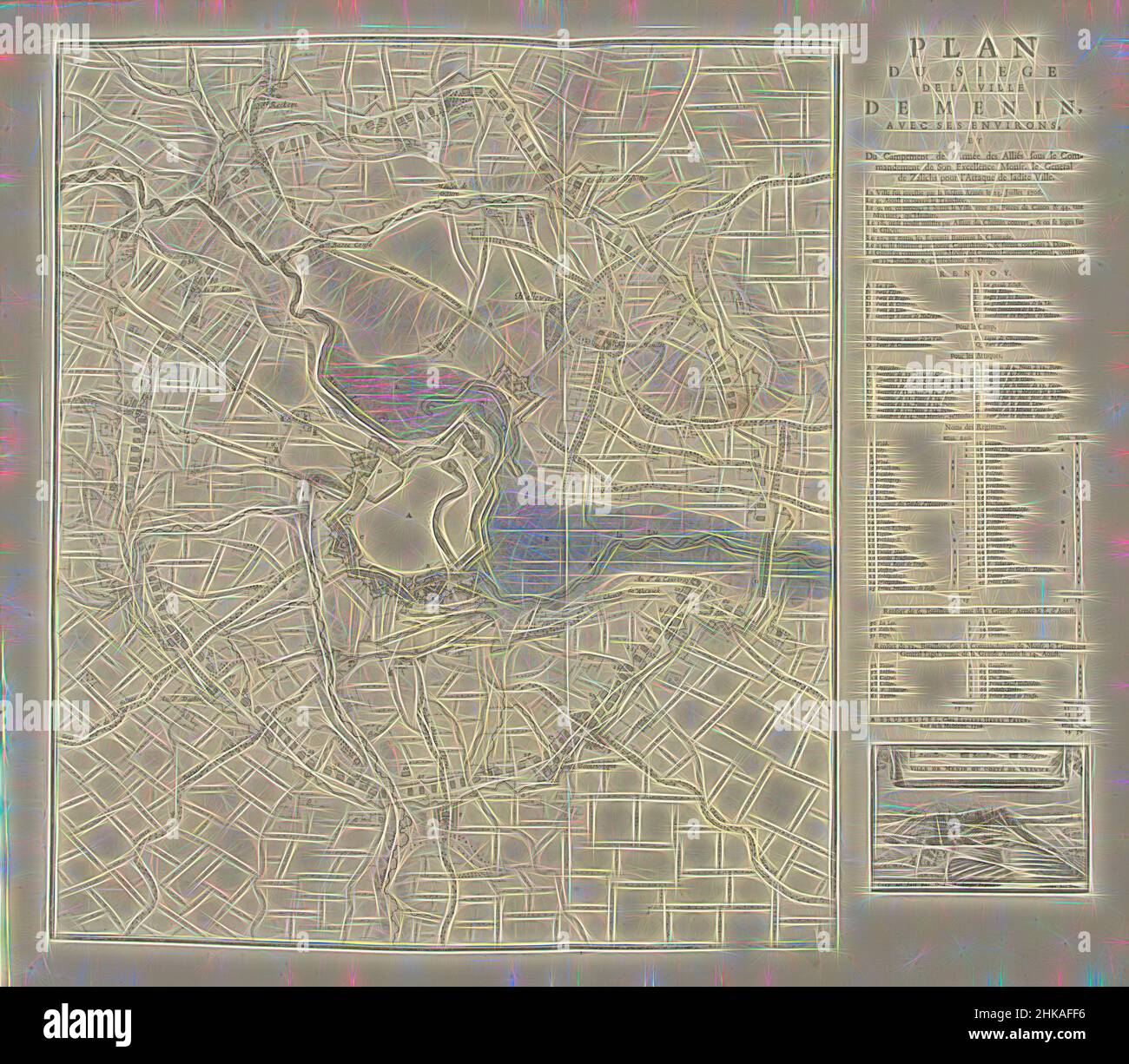 Ispirato dalla carta dell'Assedio di Menin, 1706, Plan du Siege de la Ville de Menin avec ses environs, et du Campement de l'Armée des Alliés soûs le Commandement de Son Excellende Monsr. le General de Zalichs pour l'Attaque de ladite Ville, Mappa dell'assedio di Menin da parte degli Alleati sotto il generale Zalichs, reinventato da Artotop. L'arte classica reinventata con un tocco moderno. Design di calda e allegra luminosità e di raggi di luce. La fotografia si ispira al surrealismo e al futurismo, abbracciando l'energia dinamica della tecnologia moderna, del movimento, della velocità e rivoluzionando la cultura Foto Stock
