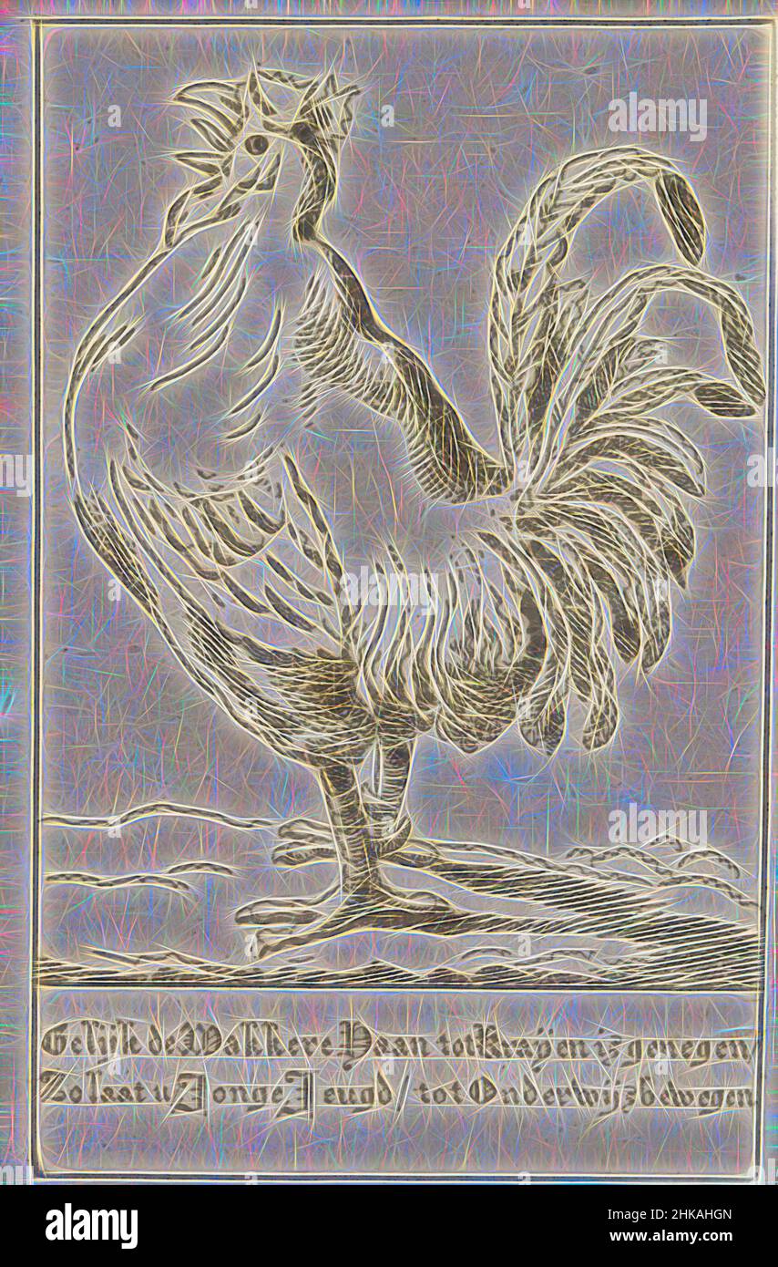 Ispirato al gallo che si sveglia, gallo che gira, a sinistra. Con didascalia a due righe. Illustrazione in Almanac di Pieter van Woensel 'De Lantaarn for 1798'., tipografia: Pieter van Woensel, Paesi Bassi, 1797 - 1798, carta, incisione, Altezza 115 mm x larghezza 80 mm, reinventata da Artotop. L'arte classica reinventata con un tocco moderno. Design di calda e allegra luminosità e di raggi di luce. La fotografia si ispira al surrealismo e al futurismo, abbracciando l'energia dinamica della tecnologia moderna, del movimento, della velocità e rivoluzionando la cultura Foto Stock