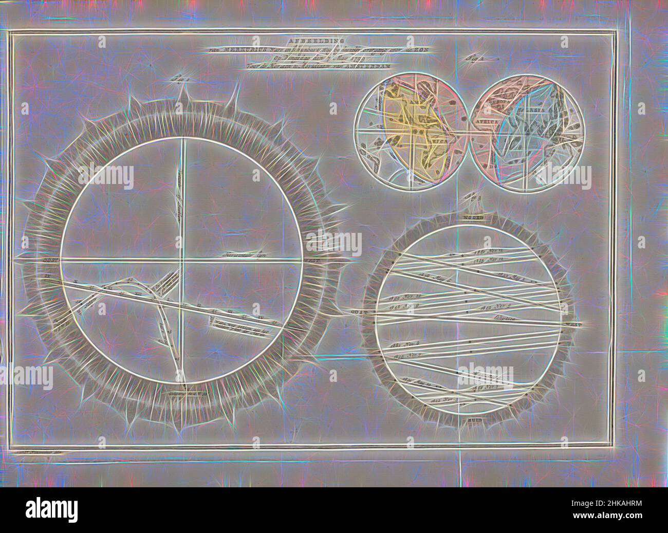 Ispirato da passaggio di Mercurio prima del Sole, 1799, immagine del vero e schynbare percorso di Mercurio da deszelfs overgang over de Zon su Dingsdag den 7 maggio 1799 per l'Horison &amp; Meridian di Amsterdam, rappresentazione Astronomica del passaggio del pianeta Mercurio prima del Sole, martedì 7 maggio, reinventato da Artotop. L'arte classica reinventata con un tocco moderno. Design di calda e allegra luminosità e di raggi di luce. La fotografia si ispira al surrealismo e al futurismo, abbracciando l'energia dinamica della tecnologia moderna, del movimento, della velocità e rivoluzionando la cultura Foto Stock