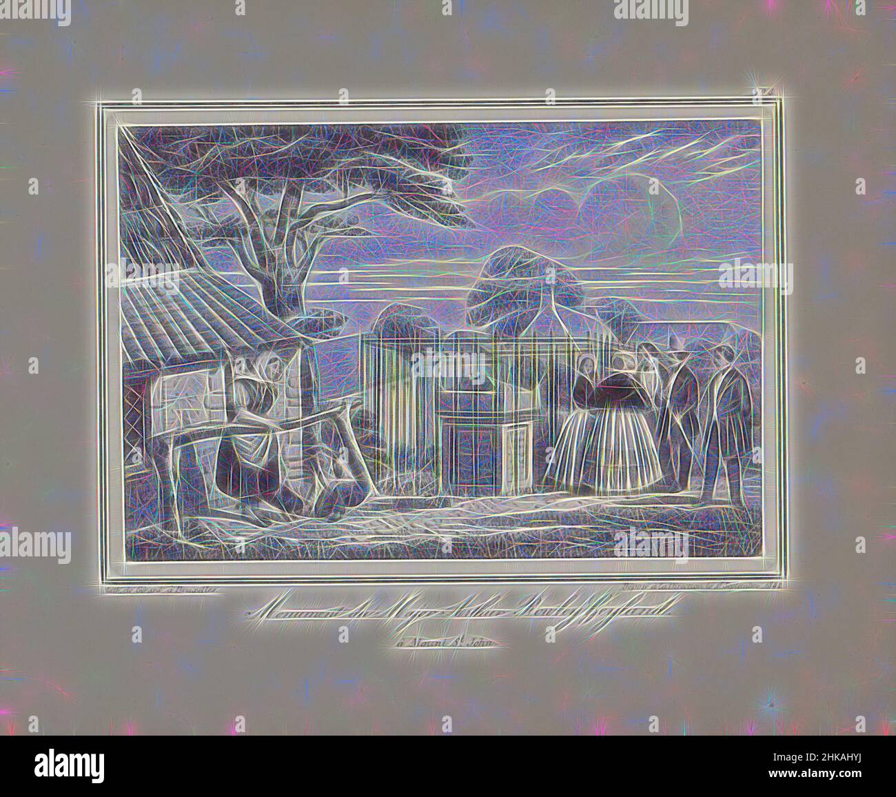 Ispirato dalla tomba di Arthur Rowley Heyland a Mont-Saint-Jean, Monument du Major Arthur Rowley Heyland à Mount St. John, vista della tomba del soldato britannico Arthur Rowley Heyland a Mont-Saint-Jean vicino Waterloo. Cinque visitatori si trovano presso la tomba chiusa. Rowley Heyland morì nel momento della battaglia. Parte di, reinventata da Artotop. L'arte classica reinventata con un tocco moderno. Design di calda e allegra luminosità e di raggi di luce. La fotografia si ispira al surrealismo e al futurismo, abbracciando l'energia dinamica della tecnologia moderna, del movimento, della velocità e rivoluzionando la cultura Foto Stock