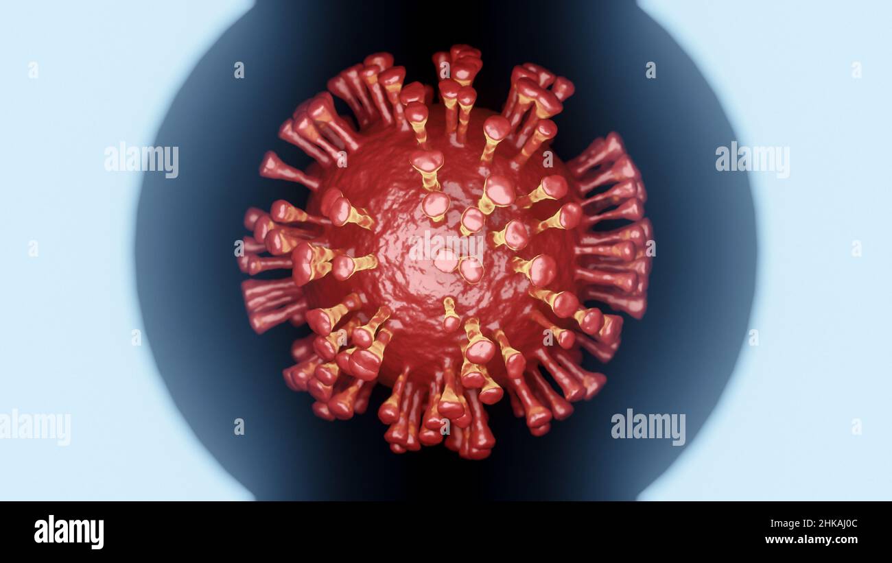 Illustrazione dell'esame scientifico di una cellula di virus rosso al microscopio e luce circolare in laboratorio Foto Stock