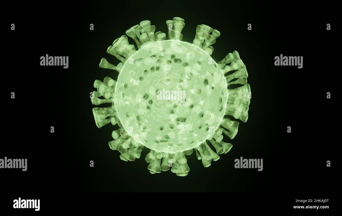 Illustrazione concettuale di un raggi X di una cellula di virus verde su sfondo nero Foto Stock