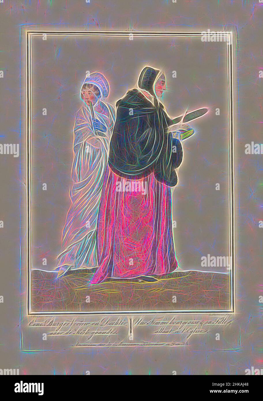 Ispirato da Madre e figlia a piedi verso la Chiesa, una donna e figlia cittadina, andando in Chiesa, une Femme borghesia &amp; sa Fille, allant à l'Eglise, Una donna cittadina e sua figlia a piedi per la Chiesa. La donna che tiene una Bibbia, e la figlia che tiene un ventilatore guarda indietro. Parte di un'edizione limitata, Reimagined by Artotop. L'arte classica reinventata con un tocco moderno. Design di calda e allegra luminosità e di raggi di luce. La fotografia si ispira al surrealismo e al futurismo, abbracciando l'energia dinamica della tecnologia moderna, del movimento, della velocità e rivoluzionando la cultura Foto Stock