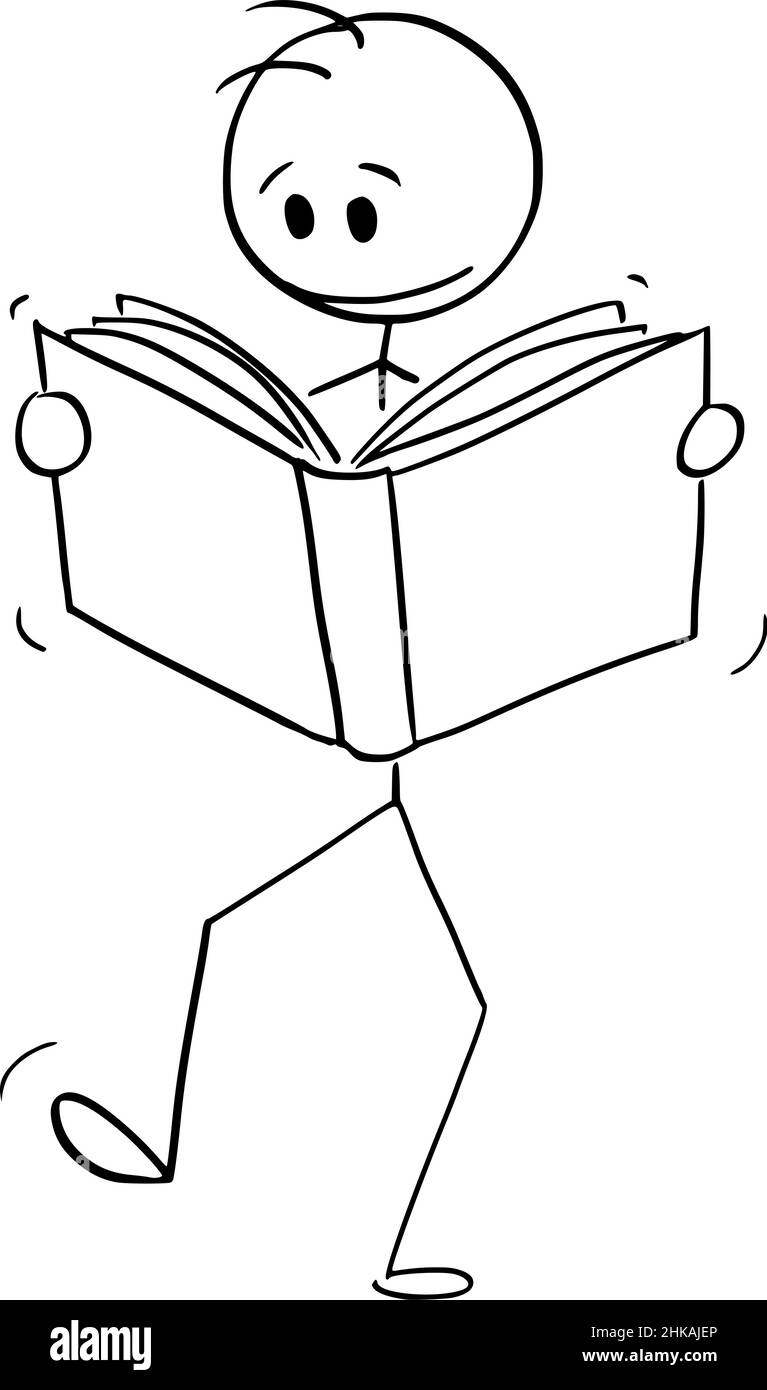 Reader Person Walking and Reading Book , Vector Cartoon Stick Illustrazione Illustrazione Vettoriale