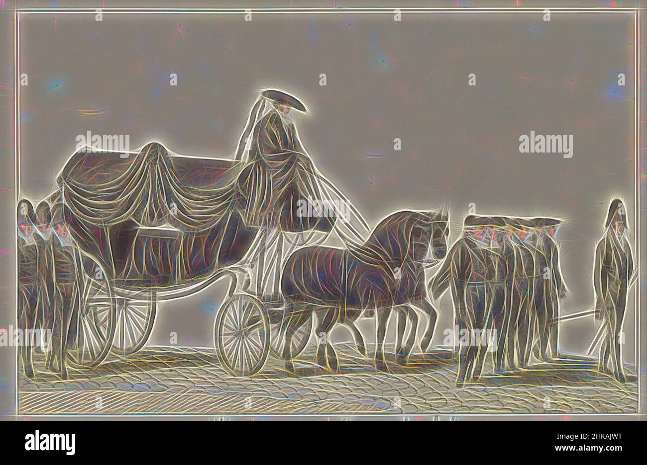 Ispirato dai funerali ad Amsterdam, 1810-1825, Presentazione di una sepoltura ad Amsterdam, rappresentazione d'un Enterement à Amsterdam, un funerale ad Amsterdam, ca. 1810-1825. Un carro trainato da due cavalli, davanti e dietro il carro sono uomini in lutto. Parte di un pezzo di piastra da c. 1824-1825, reinventato da Artotop. L'arte classica reinventata con un tocco moderno. Design di calda e allegra luminosità e di raggi di luce. La fotografia si ispira al surrealismo e al futurismo, abbracciando l'energia dinamica della tecnologia moderna, del movimento, della velocità e rivoluzionando la cultura Foto Stock