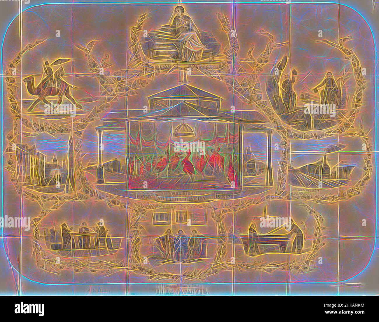 Ispirato da Cartoon in Leiden almanac studente, 1861, in vacanza, foglio con scene di studenti e professori in vacanza e del silenzio a Leiden in estate. Al centro ballando polli potti su una palla. Questa stampa in una cartella separata per l'almanacco. Cartoon in almanacco studente del, reinventato da Artotop. L'arte classica reinventata con un tocco moderno. Design di calda e allegra luminosità e di raggi di luce. La fotografia si ispira al surrealismo e al futurismo, abbracciando l'energia dinamica della tecnologia moderna, del movimento, della velocità e rivoluzionando la cultura Foto Stock