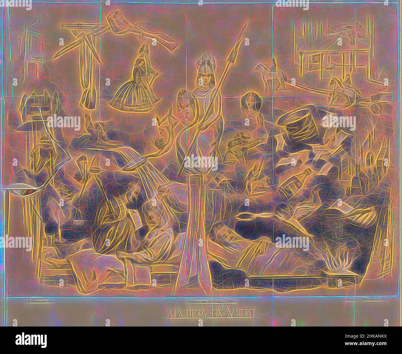 Ispirato da Cartoon in Leiden almanac studente, 1861, dopo l'esame, l'incubo dello studente prima e fine sogno dopo l'esame. Cartoon nello studente almanacco dell'Università di Leiden dell'anno 1861., tipografo: Johan Hendrik Hoffmeister, disegnatore intermedio: J. l'Ange Huet, tipografo, reinventato da Artotop. L'arte classica reinventata con un tocco moderno. Design di calda e allegra luminosità e di raggi di luce. La fotografia si ispira al surrealismo e al futurismo, abbracciando l'energia dinamica della tecnologia moderna, del movimento, della velocità e rivoluzionando la cultura Foto Stock