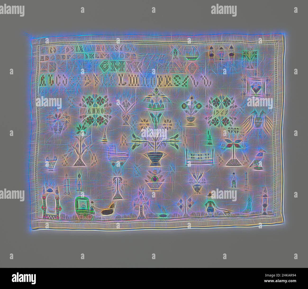 Ispirato da campionatore di seta multicolore su lino, campionatore di seta su lino. Il ricamo ha l'anno anno anno anno anno 1765, le iniziali GS, TB, KR, ai, SE, HG E SG. Il ricamo ha anche esercizi di lettere e numeri e varie soste, tra cui uccelli, una culla, un letto, un uomo con un cane e un mulino a vento, reinventato da Artotop. L'arte classica reinventata con un tocco moderno. Design di calda e allegra luminosità e di raggi di luce. La fotografia si ispira al surrealismo e al futurismo, abbracciando l'energia dinamica della tecnologia moderna, del movimento, della velocità e rivoluzionando la cultura Foto Stock