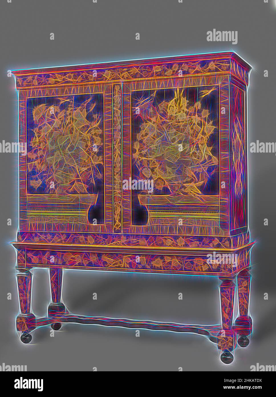 Ispirato da Cabinet, Cabinet con la marquesia di vasi di fiori, Cabinet di quercia incollato con legno multiplo. Una doppia croce ondulata a Y collega le gambe della balaustra. La regola con cassetto è decorata con la marquesia floreale proprio come la croce, le case, le gambe e la regola superiore e inferiore e la lista di sciopero, reinventato da Artotop. L'arte classica reinventata con un tocco moderno. Design di calda e allegra luminosità e di raggi di luce. La fotografia si ispira al surrealismo e al futurismo, abbracciando l'energia dinamica della tecnologia moderna, del movimento, della velocità e rivoluzionando la cultura Foto Stock