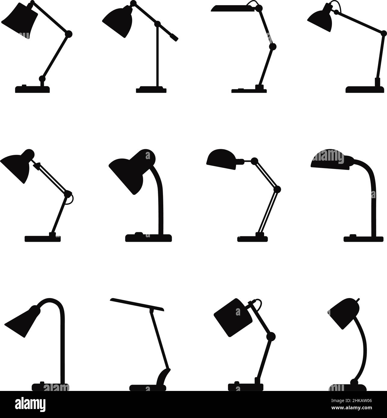 Set di silhouette nere della lampada da tavolo su sfondo bianco, illustrazione vettoriale Illustrazione Vettoriale