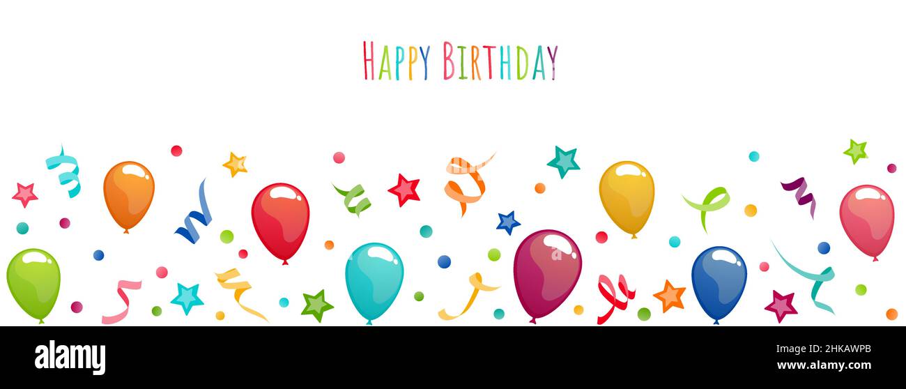 banner di file di illustrazione vettoriale eps con auguri di compleanno con palloncini, streamer, confetti e stelle per i concetti di compleanno e festa Illustrazione Vettoriale